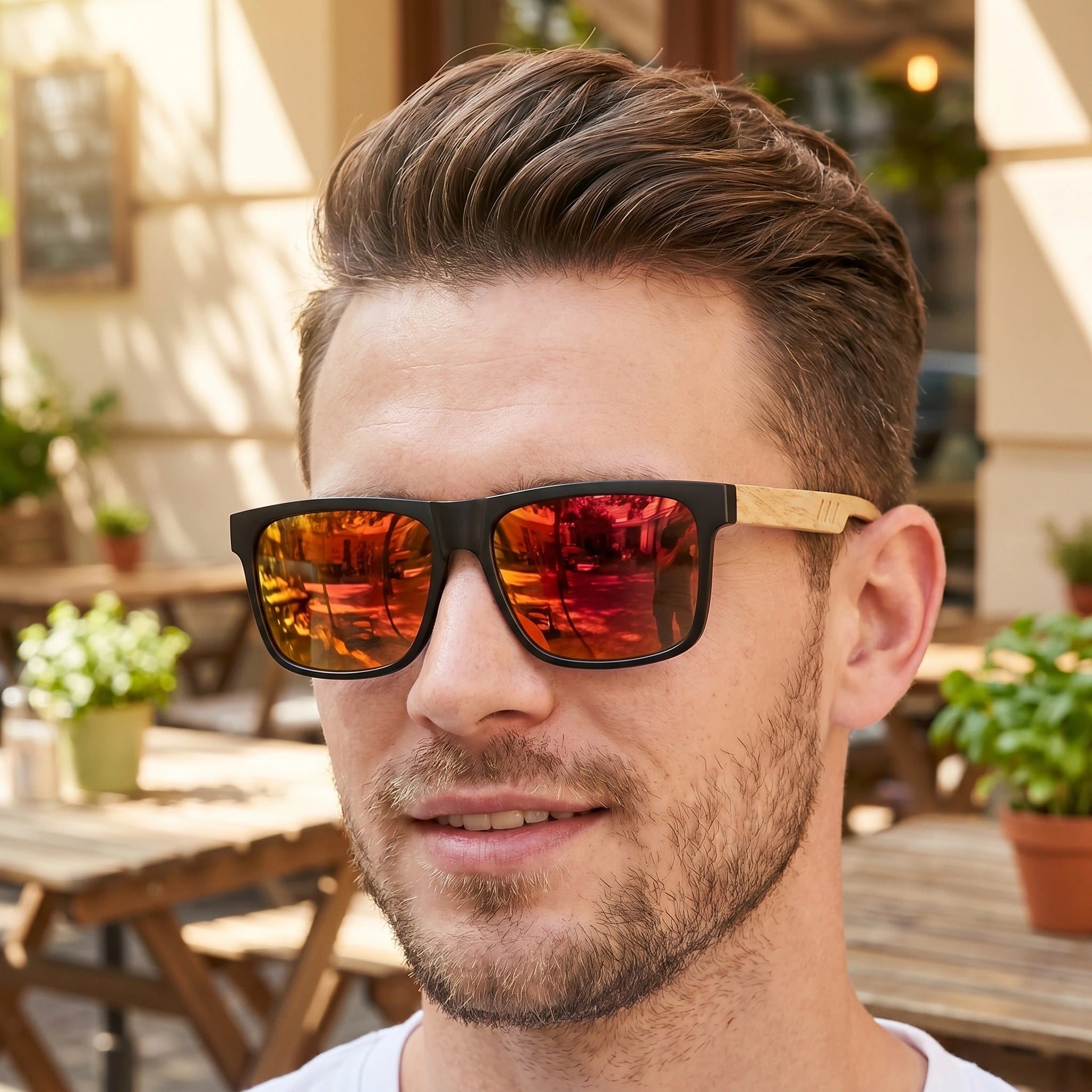 A model showcases Mens Vintage Square Frame Sunglasses in a full front view, paired with a outfit against a neutral background.