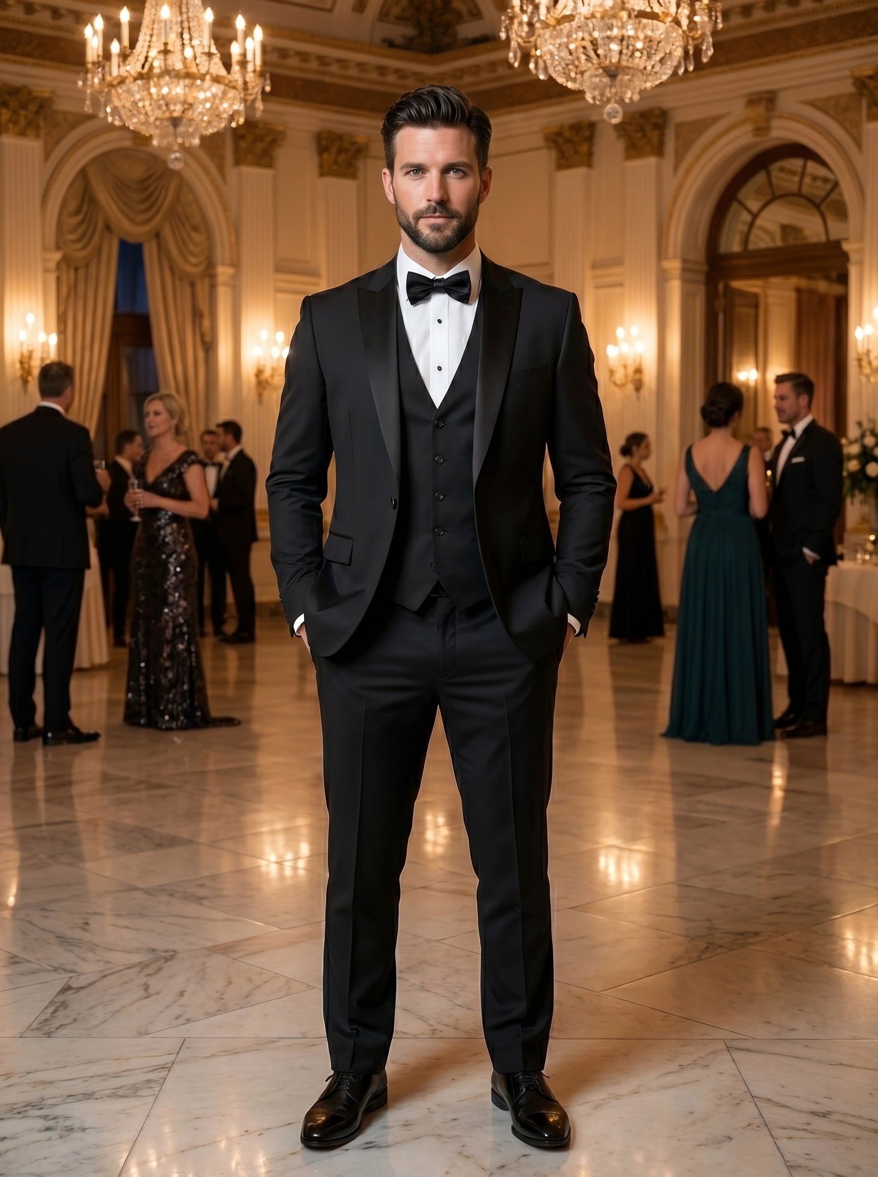Close up view showing the luxurious fabric and precise stitching of the Men's Tailored Formal Suit Set, showing its sophisticated craftsmanship.