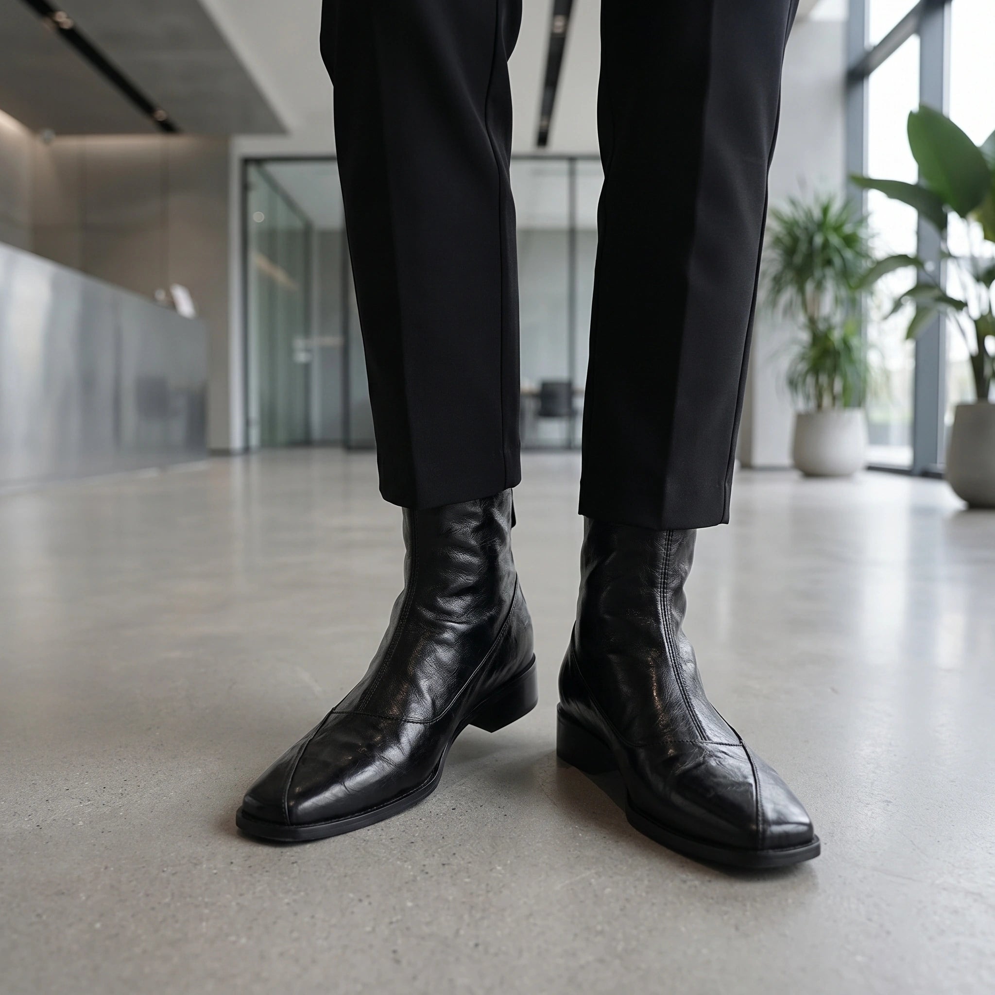 Close up of the women's modern ankle boots showing rich fabric texture, precise stitching, and sophisticated design elements against a neutral background.