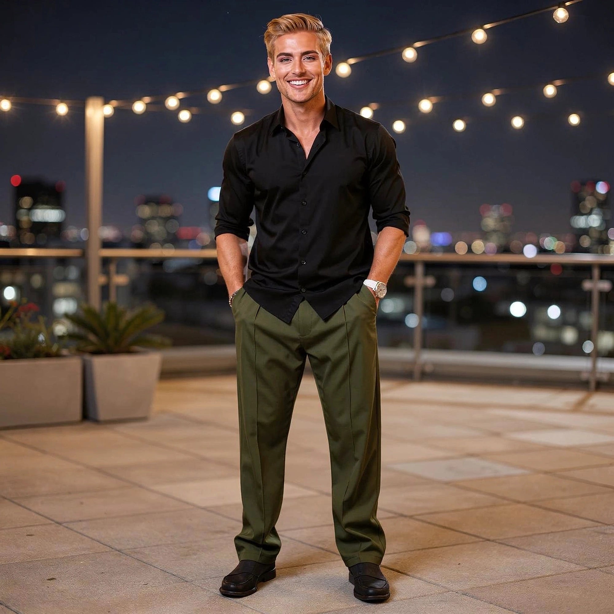 View of comfortable loose fit formal trousers in charcoal gray, featuring a smooth fabric texture and subtle pleats