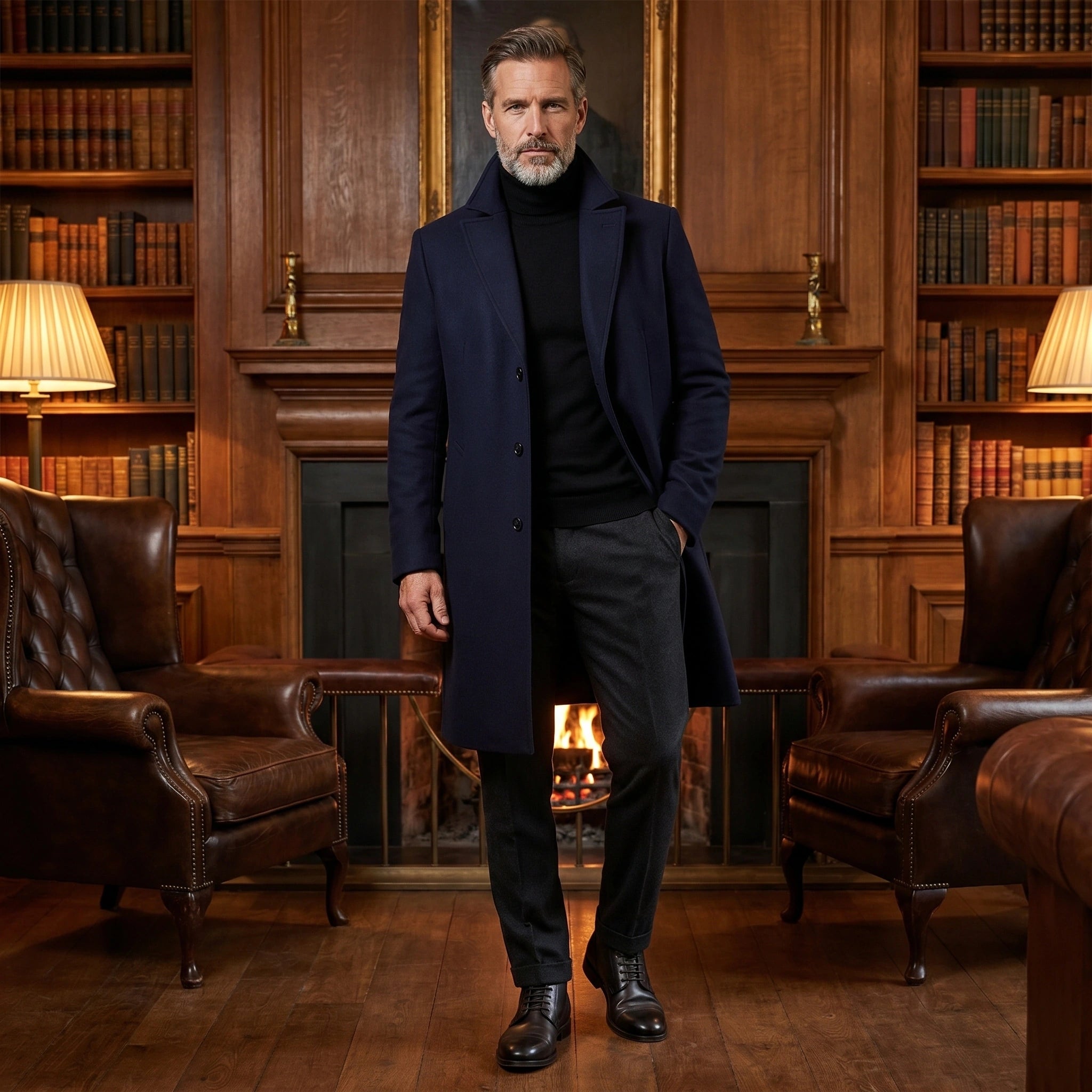 Close up view of the Men's Sophisticated Classic Winter Overcoat showing the luxurious fabric texture and precise stitching details against a neutral background.
