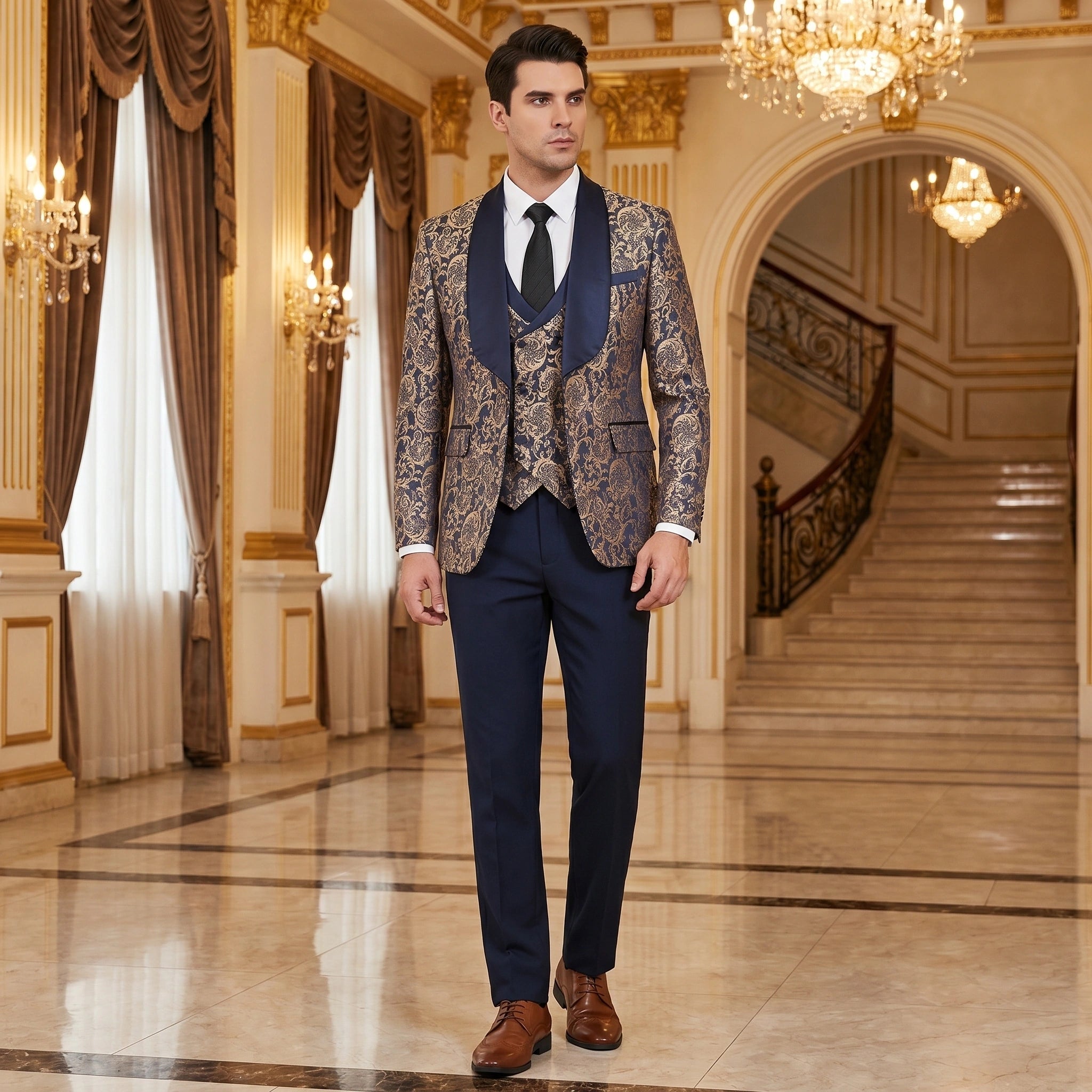 A model showcases a mens slim four seasons suit in a classic color, styled with complementary accessories against a neutral background.