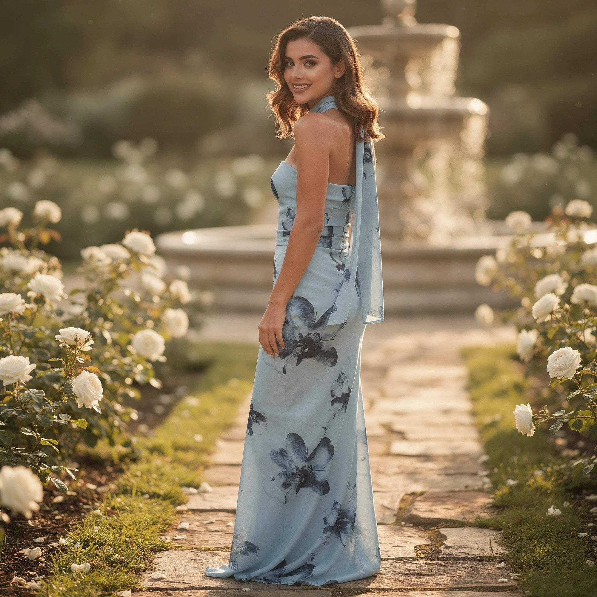View of a flowy sleeveless maxi dress in soft lavender fabric, featuring a cinched waist and flowing skirt