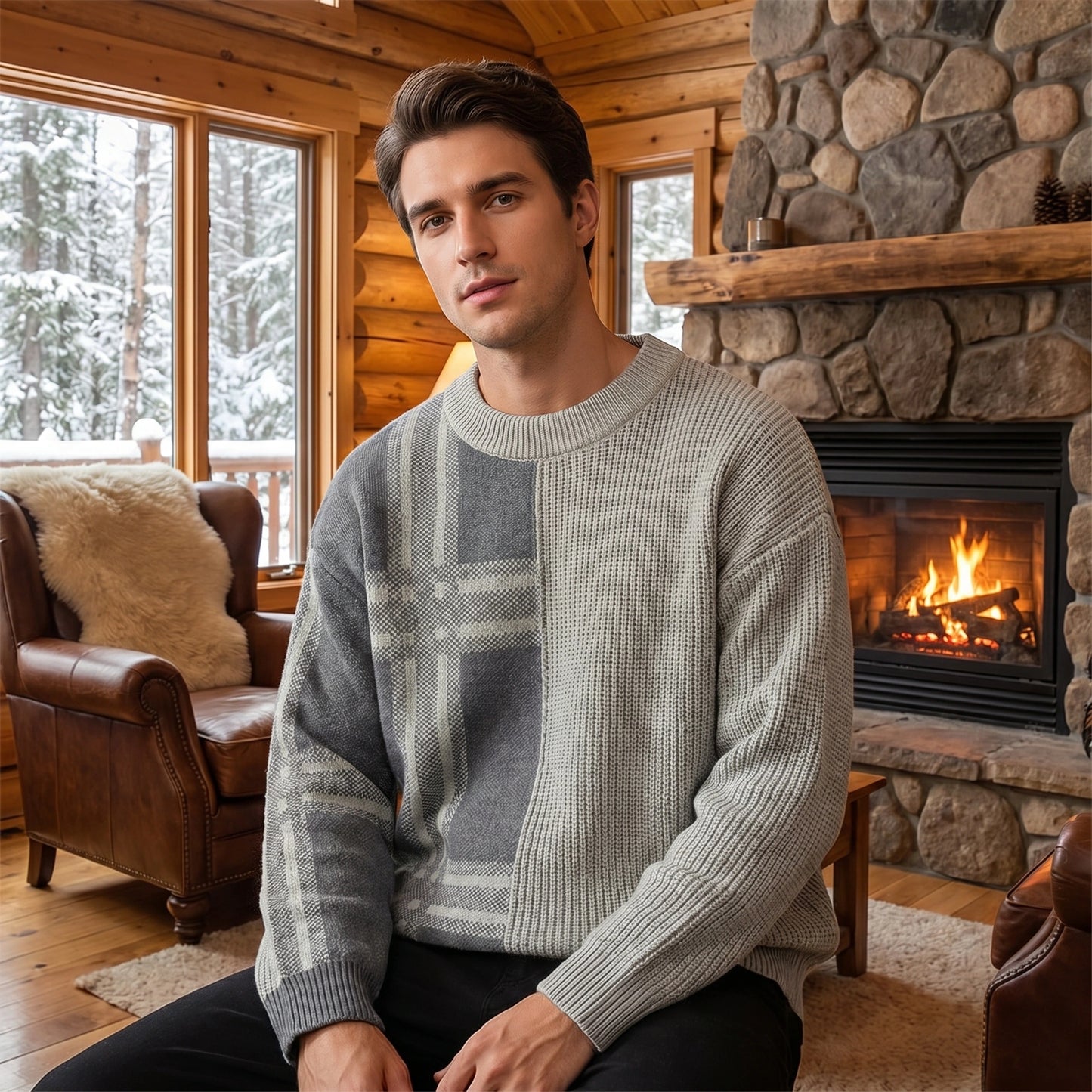 Close up of the men's modern color block winter sweater showing the fabric texture, stitching, and colorful contrast against a neutral background.