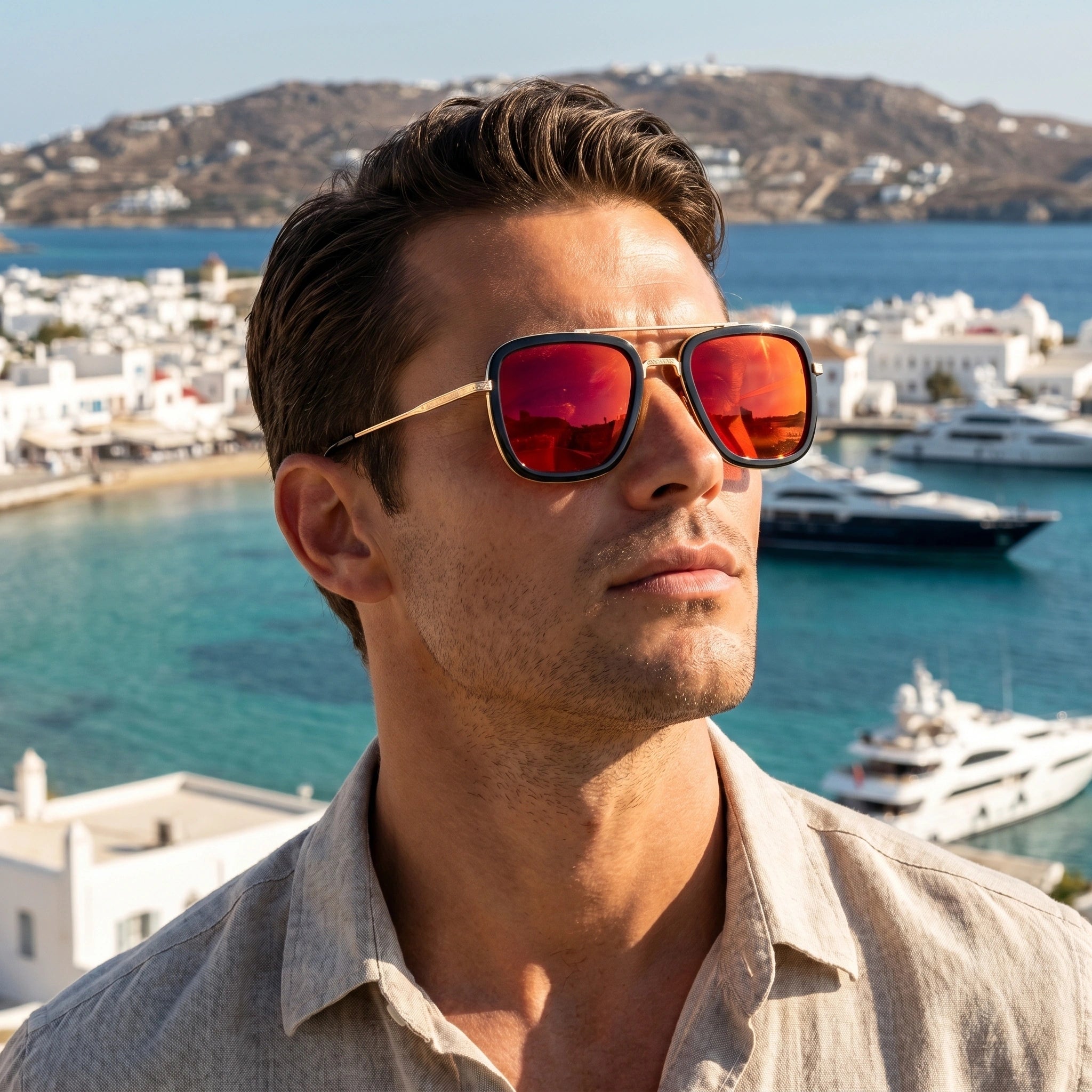 Close up view of the Men's Retro Square Sunglasses showing the sleek frame design and high quality detailing against a soft, neutral background.