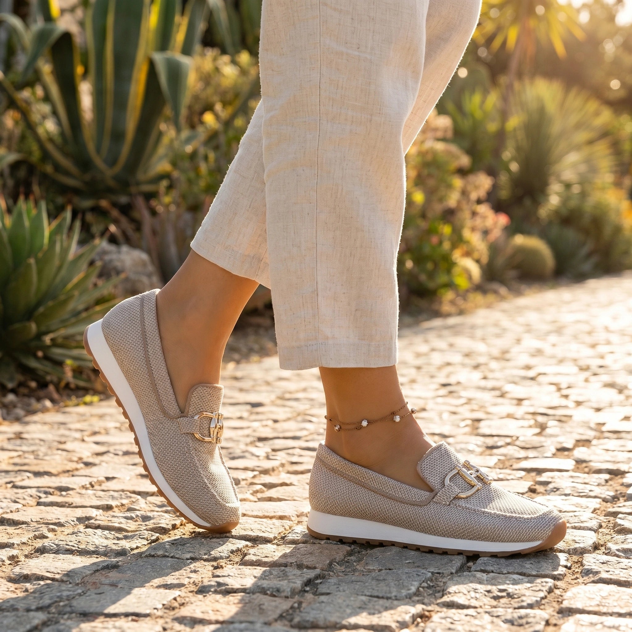 Close up view showing the breathable fabric and intricate stitching details of the Women's Summer Orthopedic Loafers in a soft pastel color.