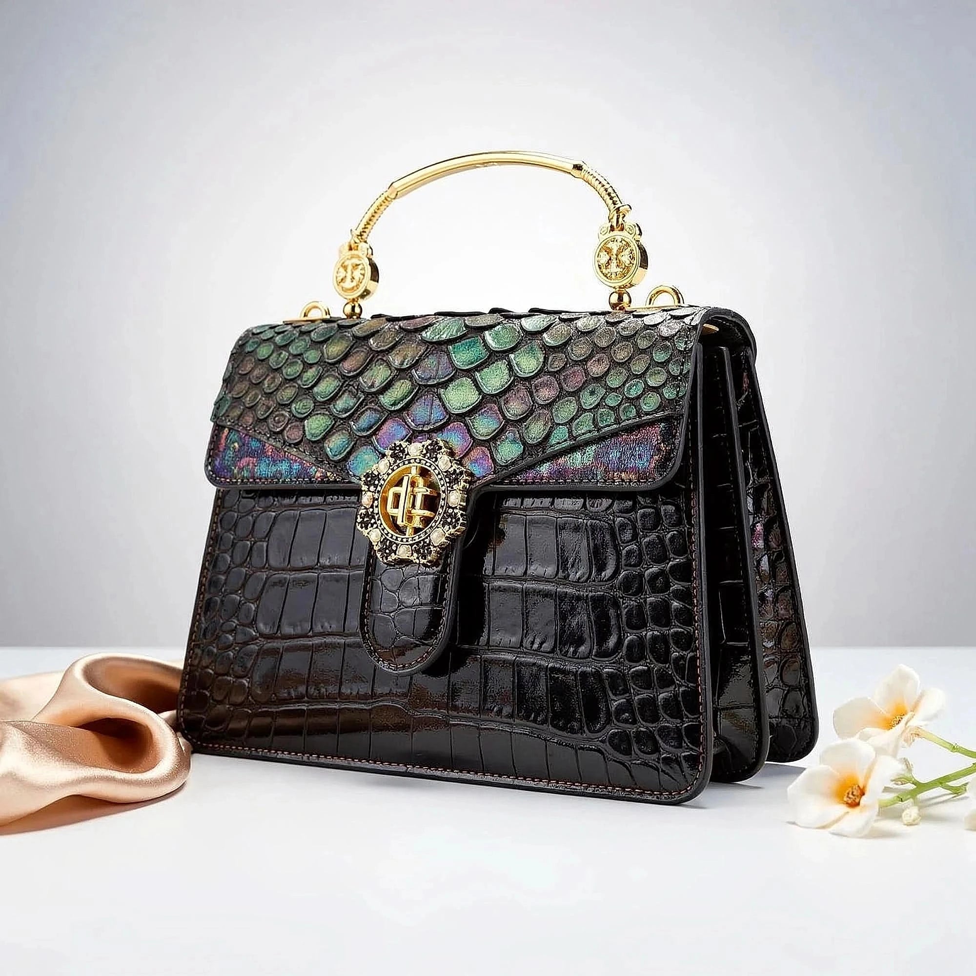 View of an elegant cowhide handbag for women, featuring a rich brown color and sleek design with sturdy handles