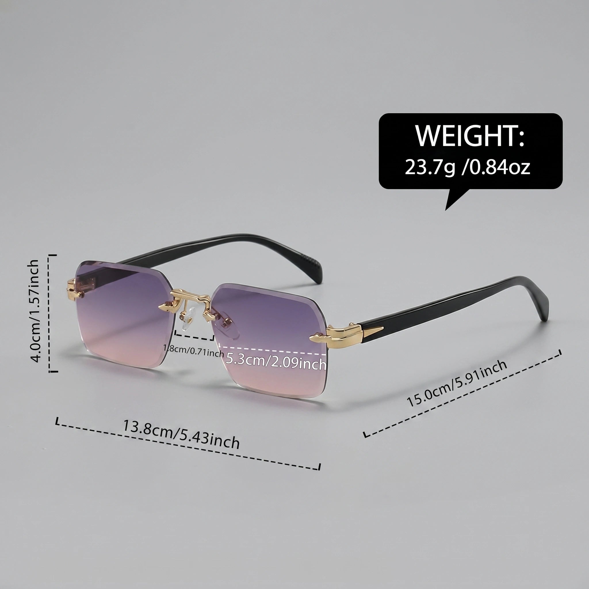 Close up view of the rimless design and sleek frame of men's summer sunglasses, showing high quality materials and craftsmanship.