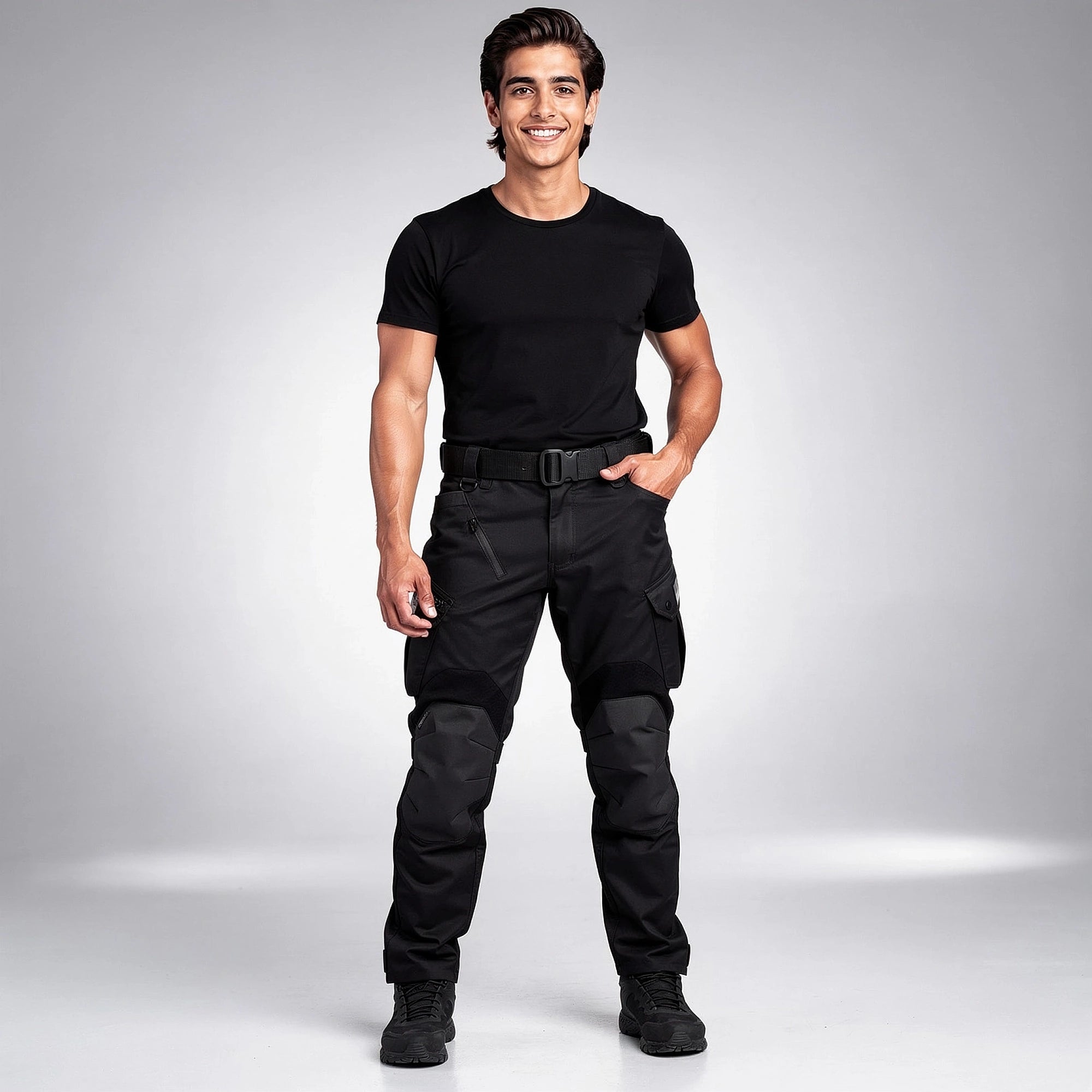 View of durable tactical cargo pants for men in dark green, featuring multiple pockets and a sturdy fabric