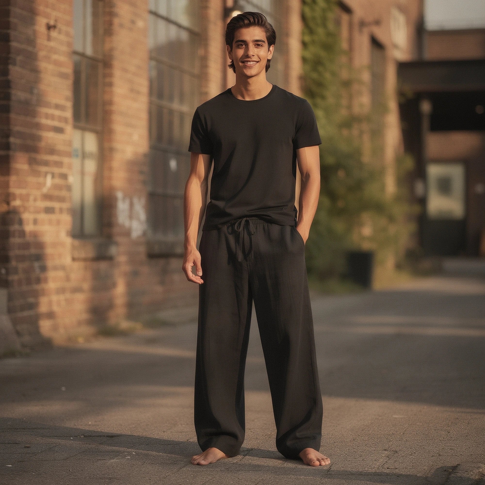 Lightweight casual trousers in khaki with a relaxed fit, featuring pockets and a comfortable waistband, view
