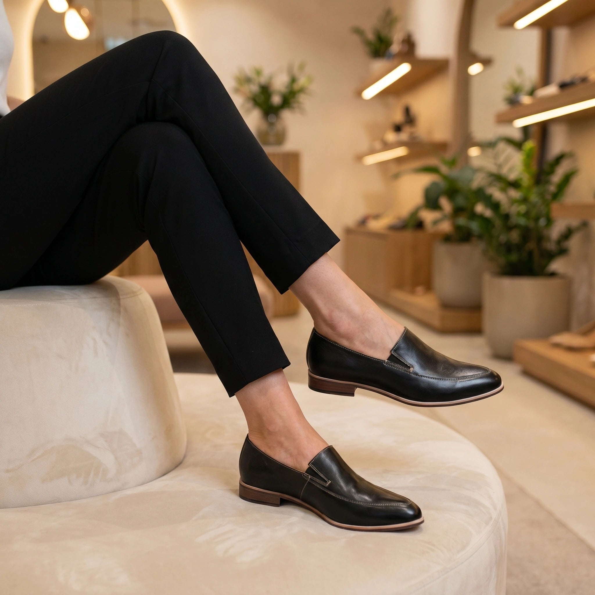 Model showcases Women's Sleek Orthopedic Loafers in Black, paired with tailored trousers and a blouse against a minimalist white background.