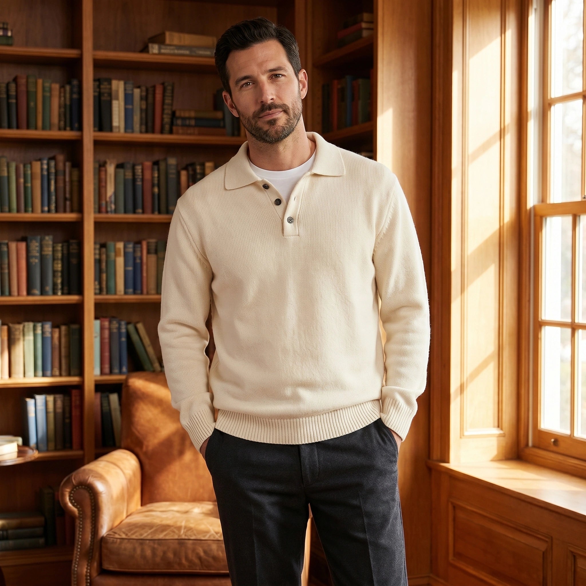 Close up of the mens refined ribbed knit polo sweater showing the intricate fabric texture and precise stitching details against a neutral background.