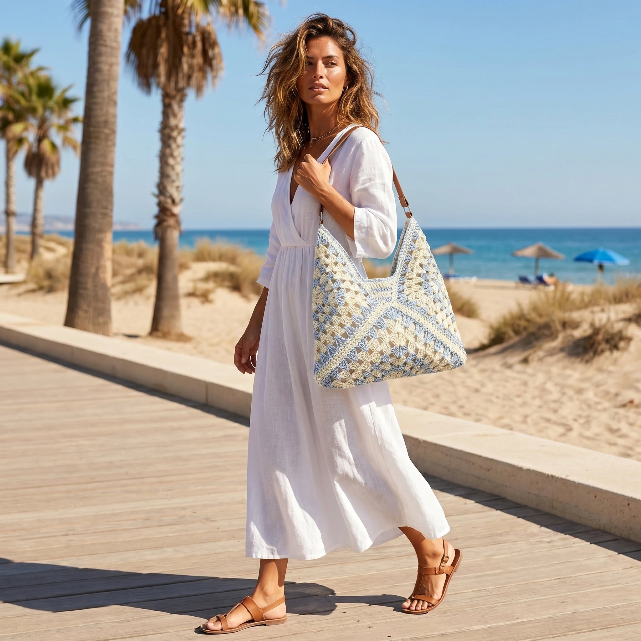 A model showcases the Womens Woven Summer Bag, styled with a light, breezy outfit, set against a vibrant beach backdrop.