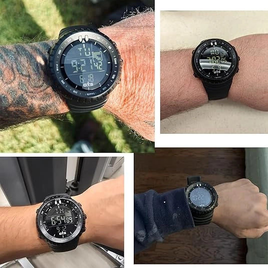 View of a robust digital waterproof watch featuring a black silicone strap, round face, and illuminated display