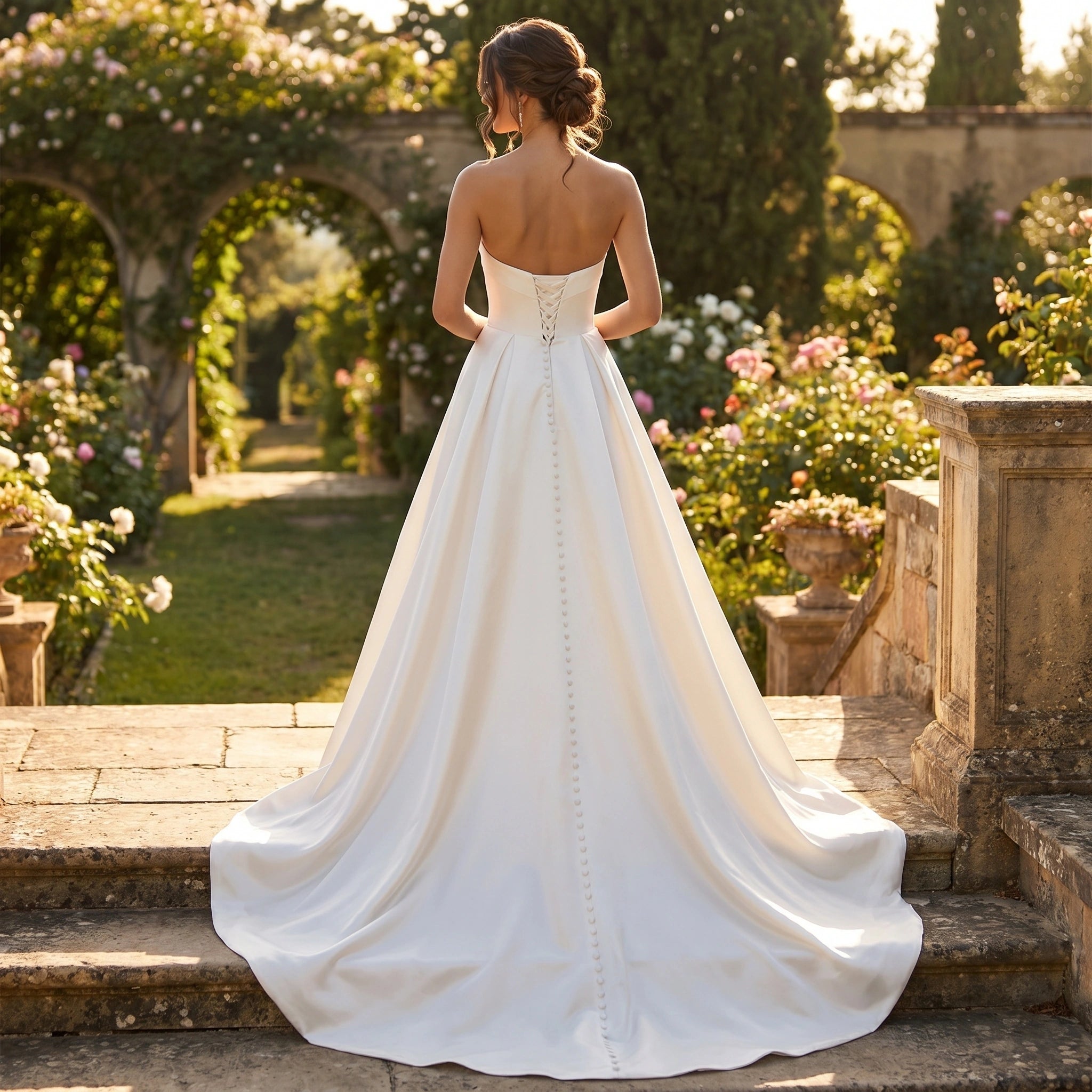 Close up of the Womens Enchanting Bridal Gown showing intricate lace stitching and delicate fabric texture against a soft, neutral background.