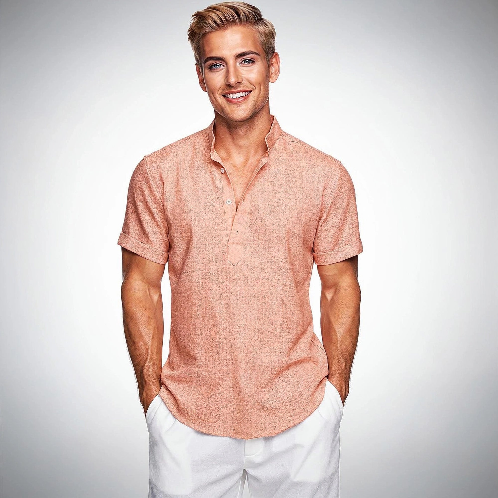 View of a relaxed fit henley shirt in light gray, featuring a button placket and soft cotton material