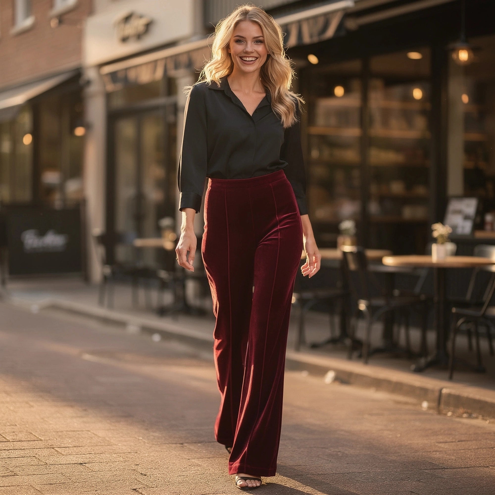 View of luxurious flared trousers in soft black fabric, featuring a smooth finish and elegant silhouette