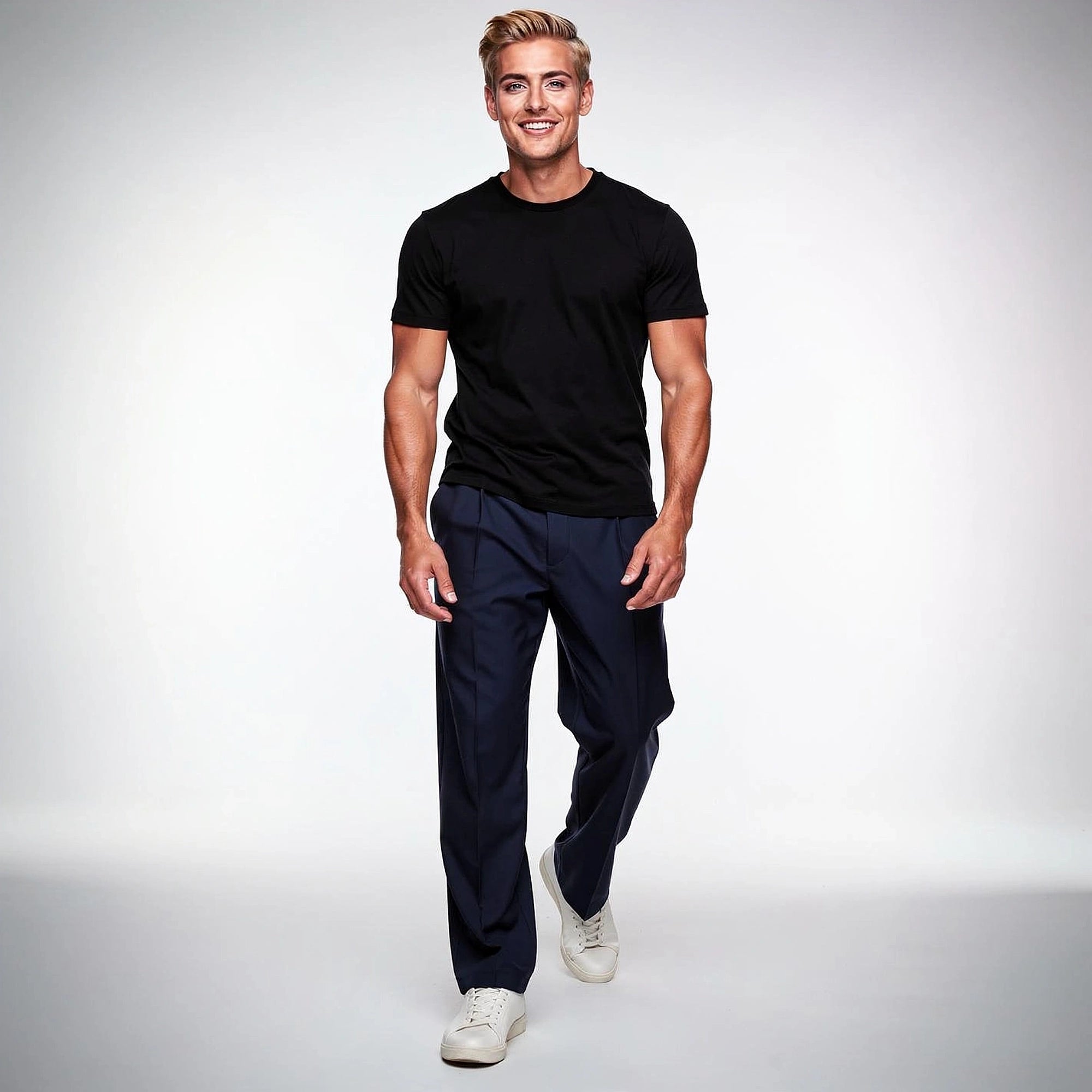 View of comfortable loose fit formal trousers in charcoal gray, featuring a smooth fabric and tailored waistband