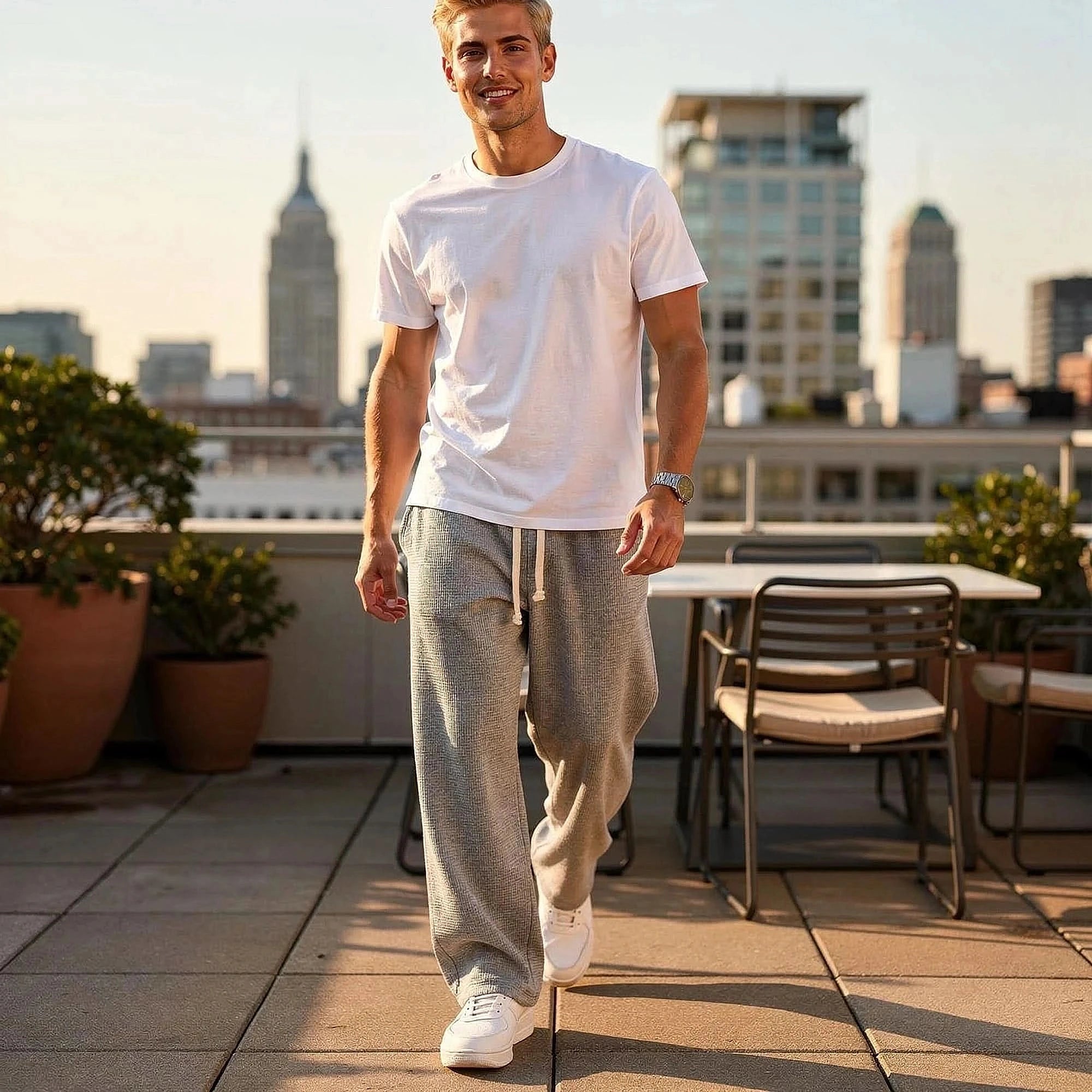 View of relaxed fit pants in soft beige fabric, featuring an elastic waistband and pockets