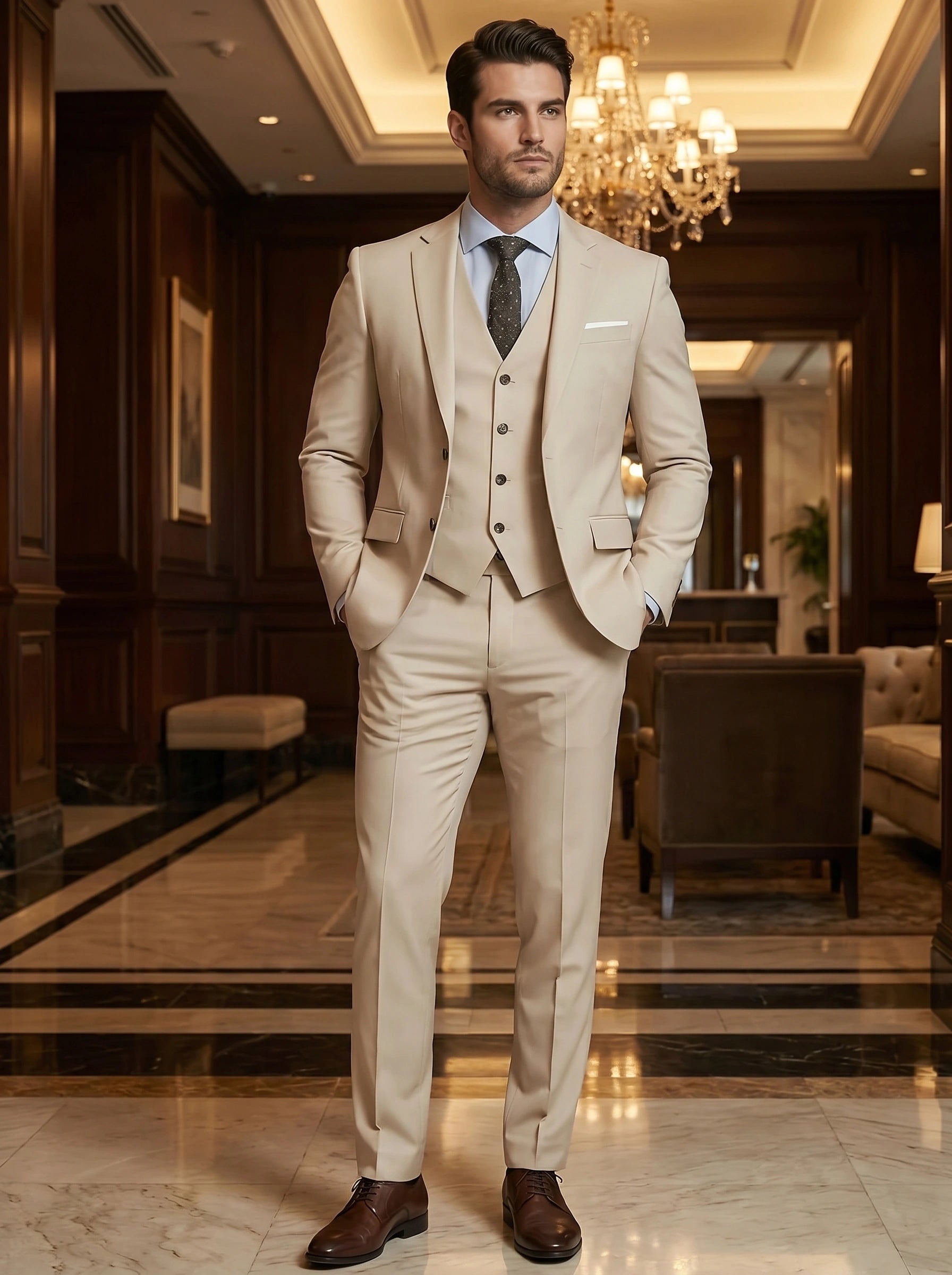 A model showcases a mens tailored formal suit set in a sleek navy color, styled with a crisp white shirt against a neutral background.