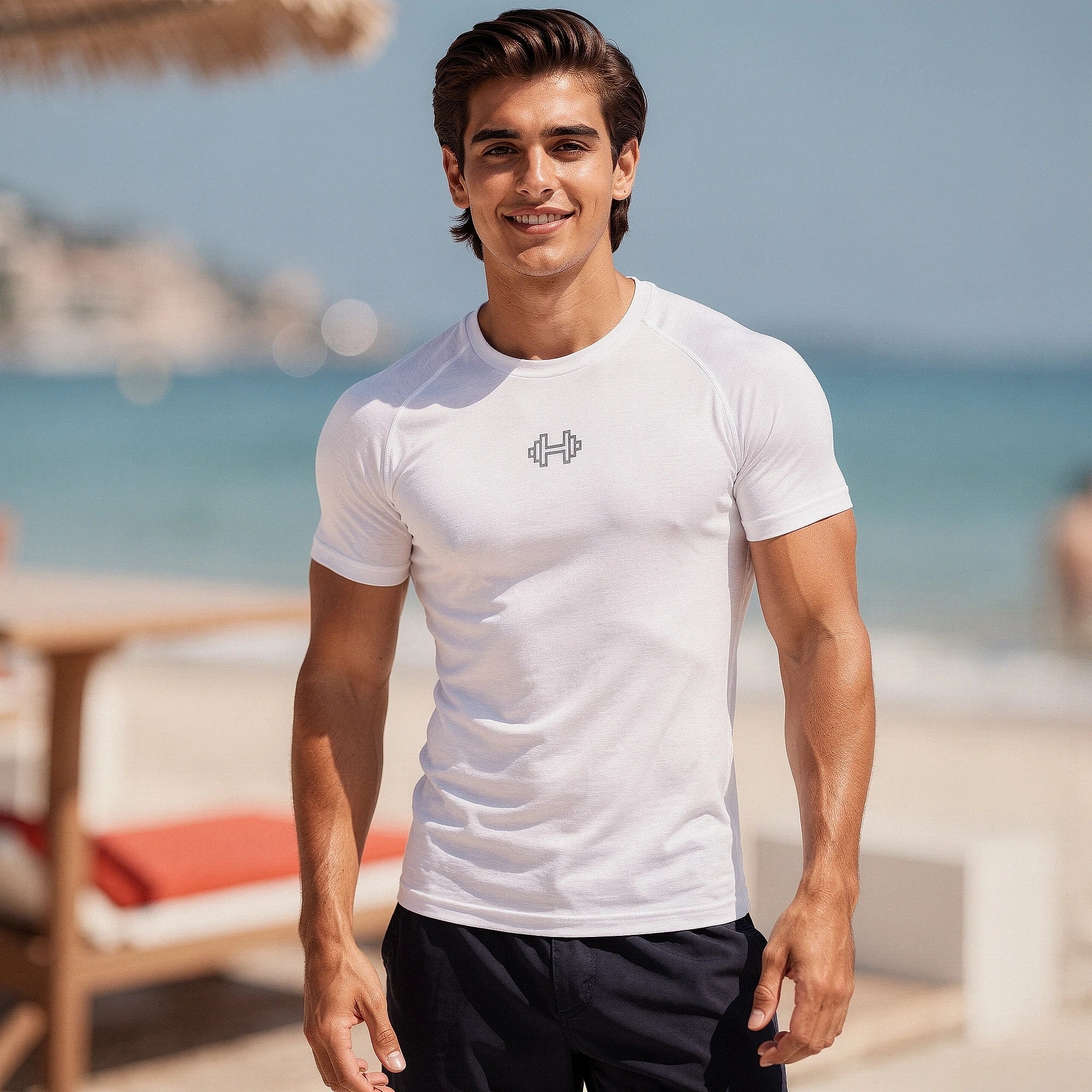 View of a reflective gray athletic gym tee, featuring elastic material and short sleeves