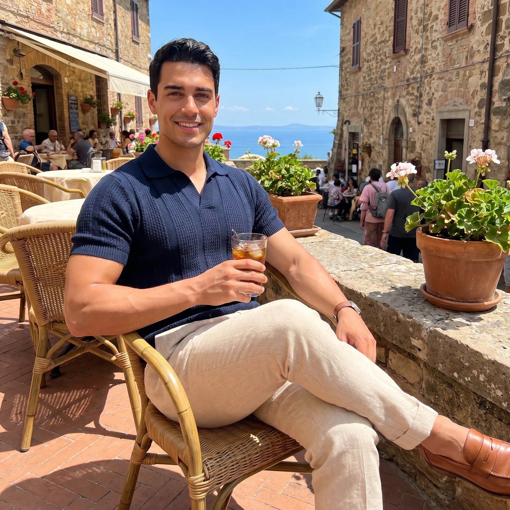 Back view of a model wearing a navy blue Mens Classic Slim Summer Polo, showing its tailored fit and premium fabric against a neutral background.