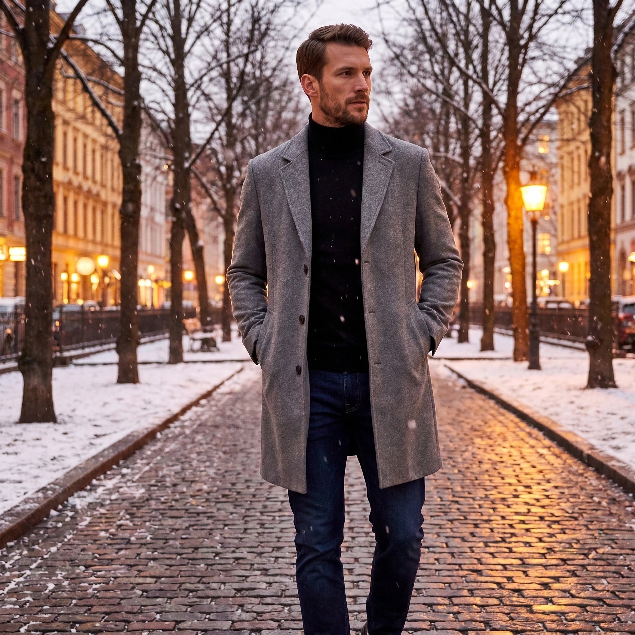 Close up view of the mens classic tailored winter overcoat showing the rich fabric texture and precise stitching details for an finish.