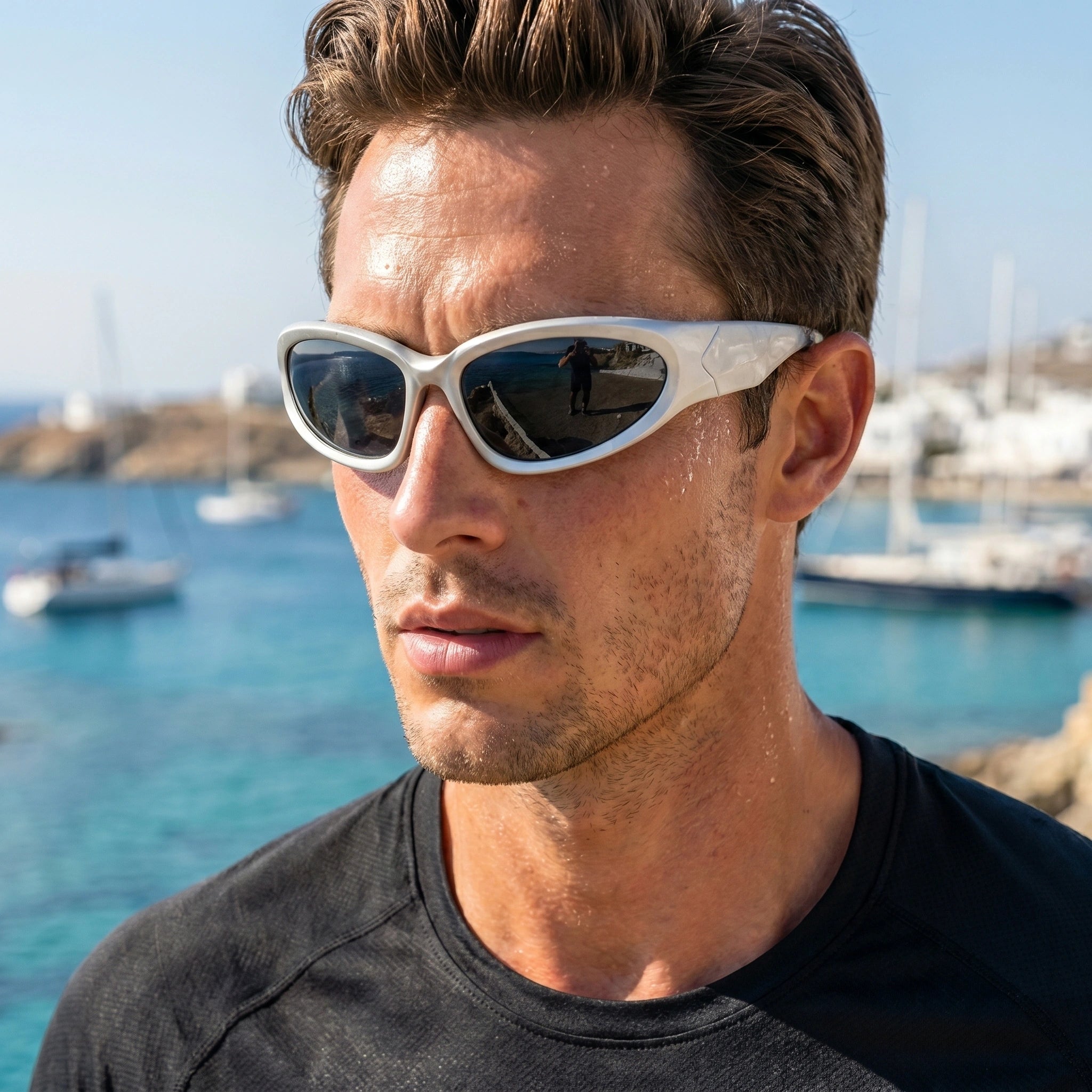 Close up of the Mens Bold Retro Vintage Sunglasses showing the sleek frame design and lenses against a neutral background.