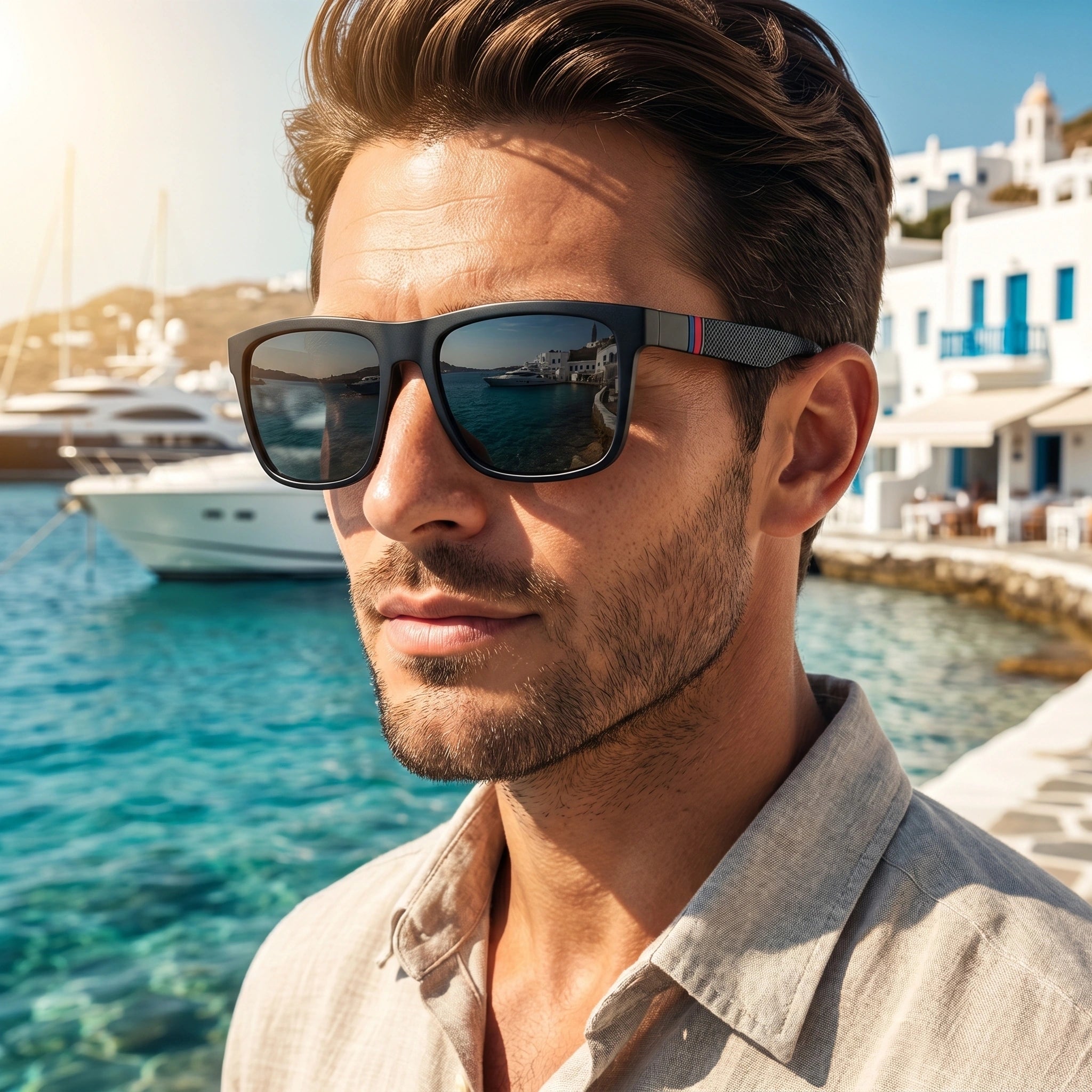 Back view of men's polarized summer sunglasses, showing sleek design and construction details against a vibrant outdoor backdrop.