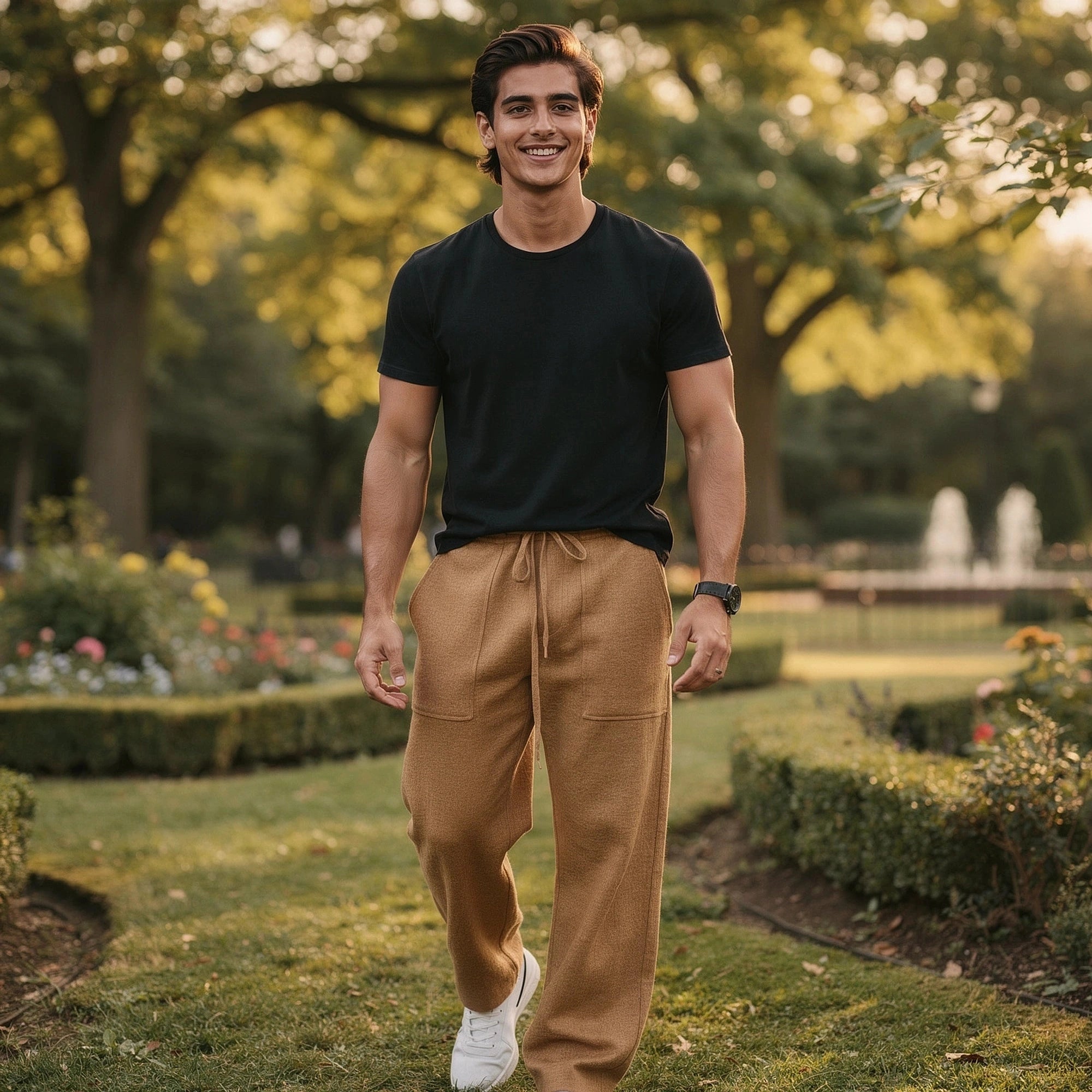 View of relaxed wide leg trousers in soft beige fabric, featuring a comfortable waistband and pockets