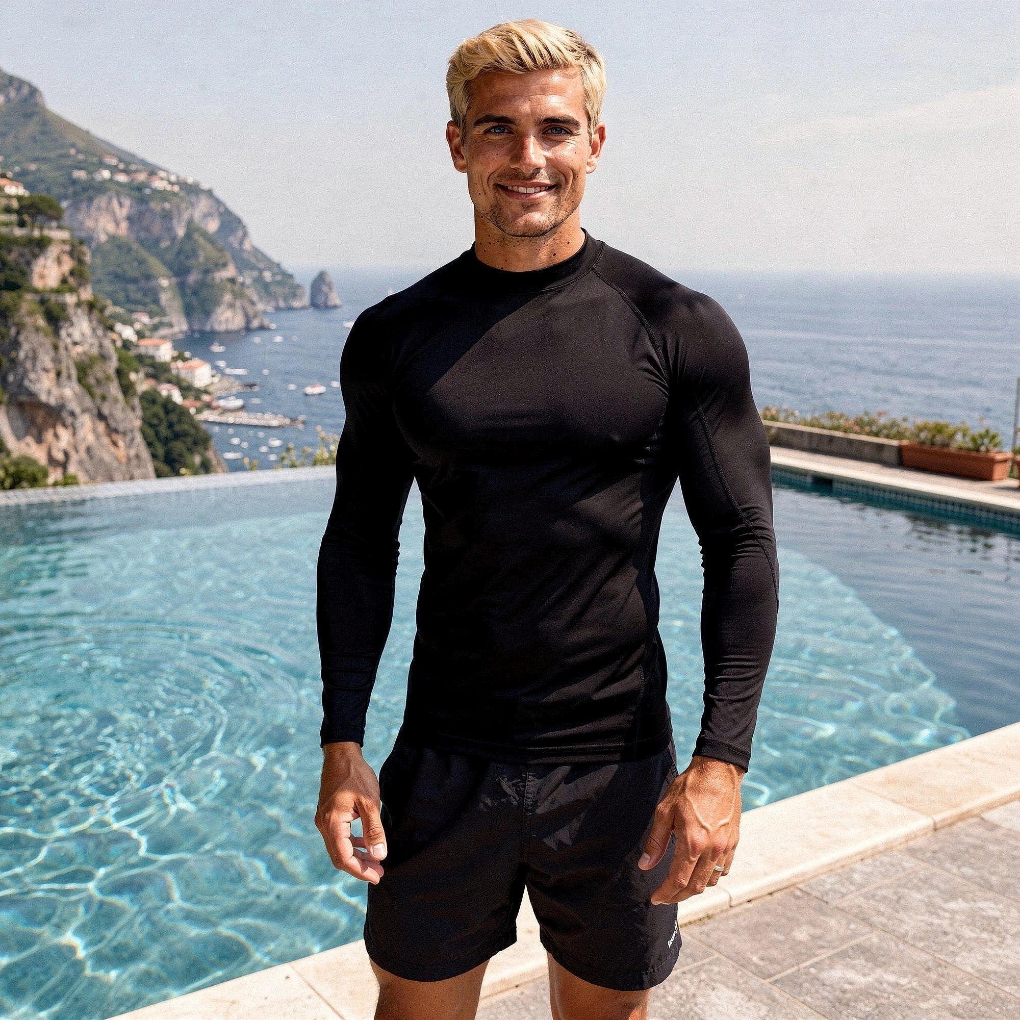 View of a black fleece backed compression winter tee, showcasing the soft material and fitted design