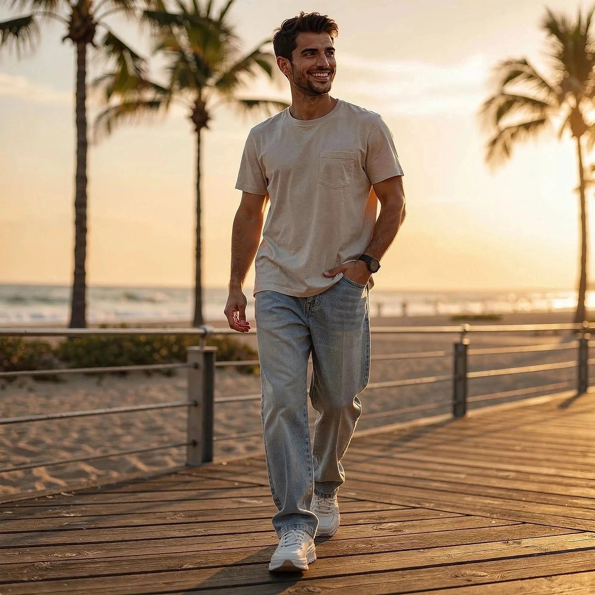 View of relaxed wide leg denim pants in light blue, featuring a high waist and subtle fading for a casual look