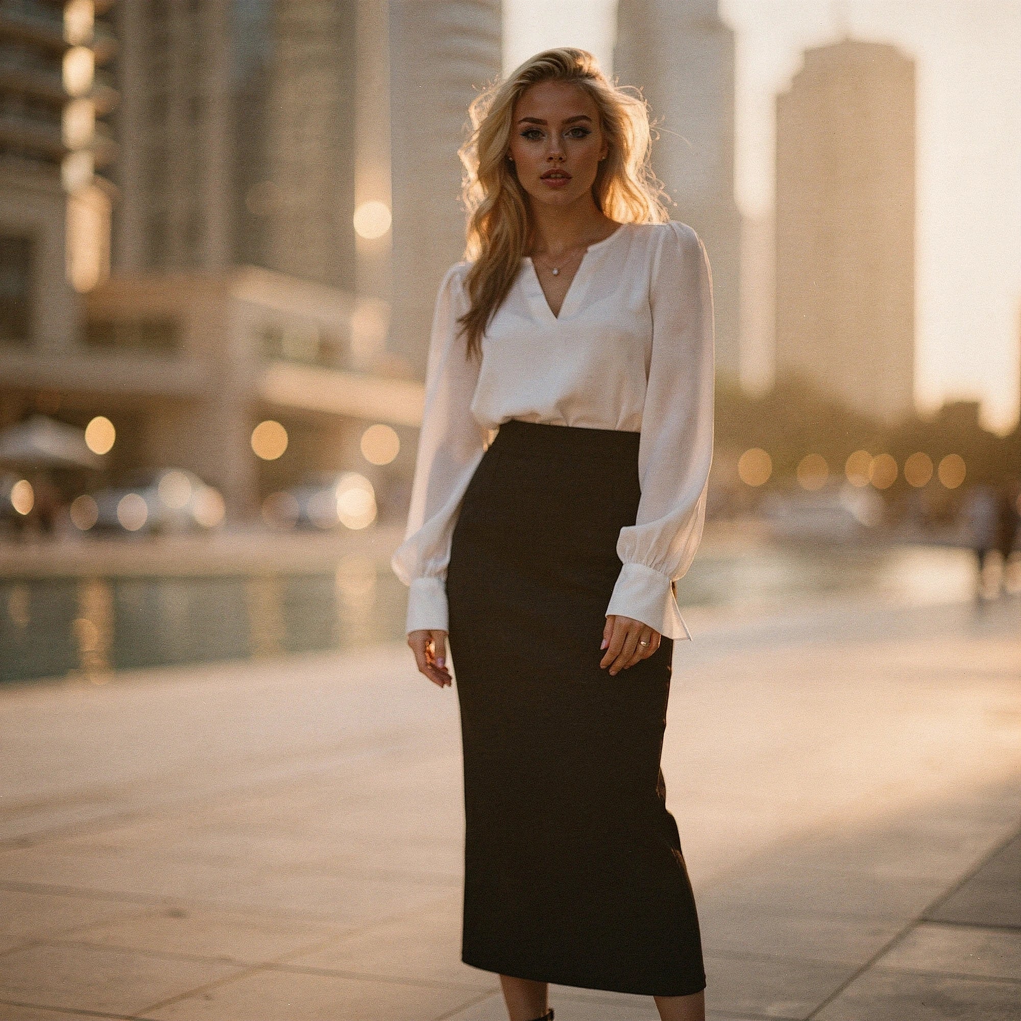 Elegant slim midi skirt in soft black fabric, featuring a fitted silhouette and a view showcasing its flattering shape