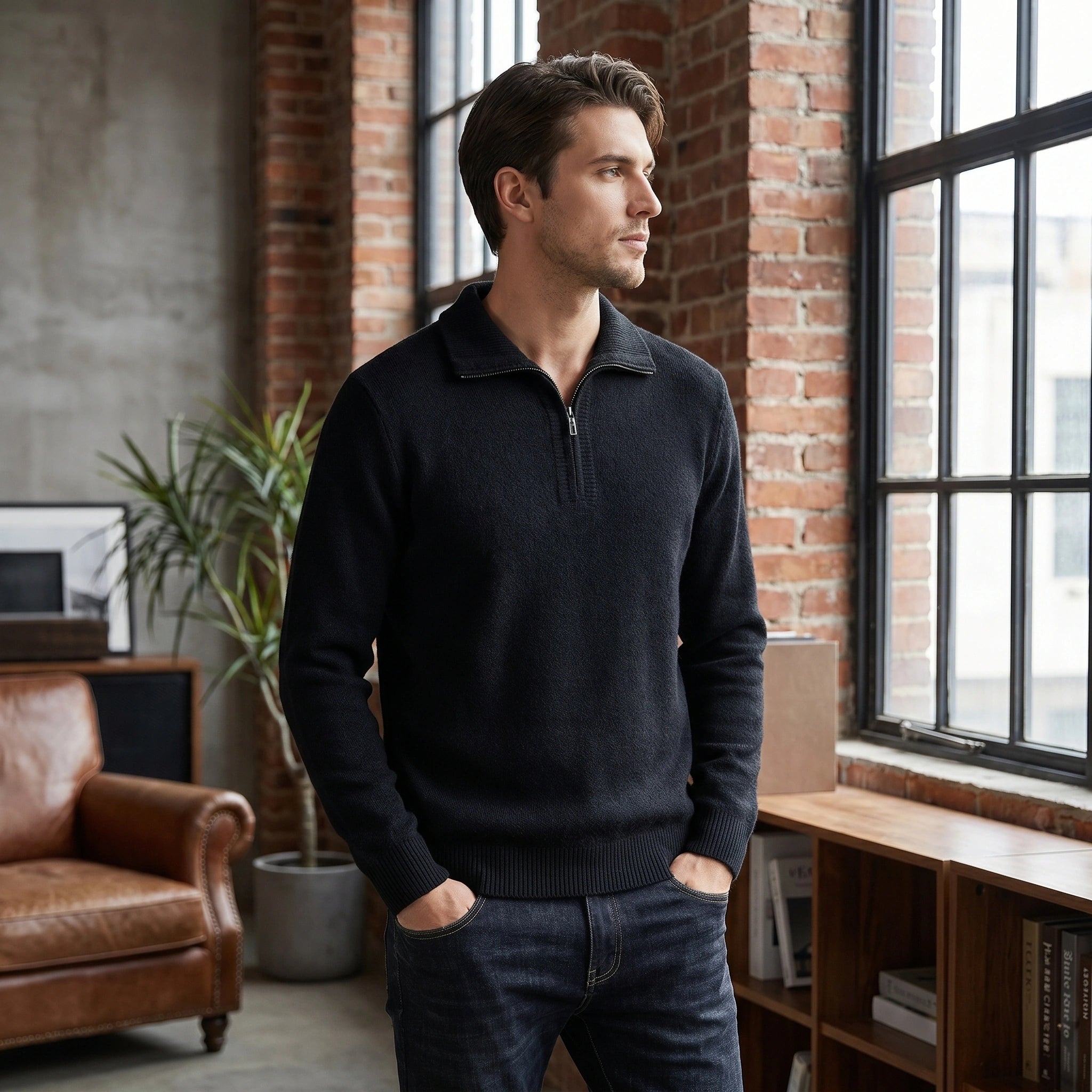 Close up view of the men's relaxed quarter zip sweater showing the soft fabric texture and detailed stitching in a classic neutral color.