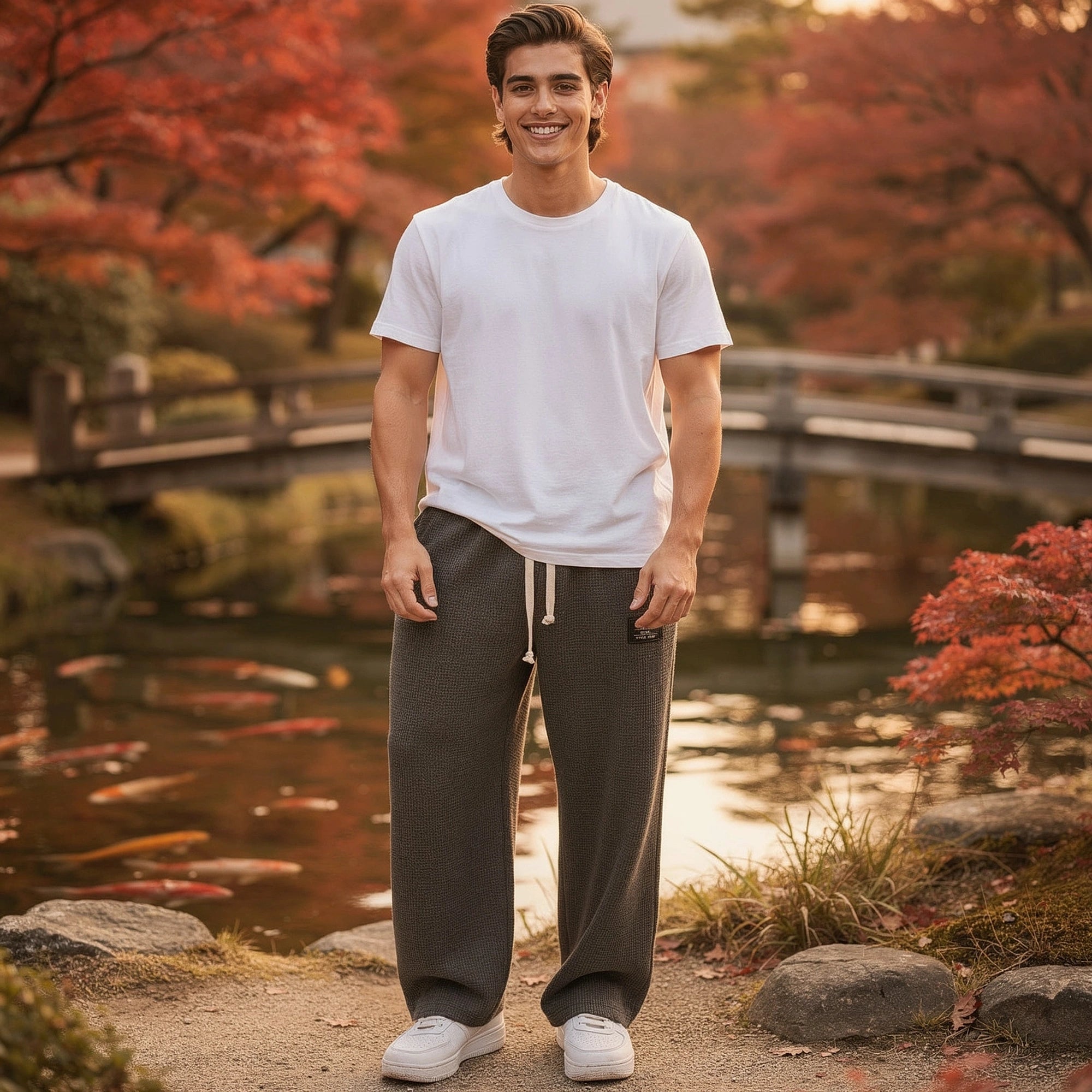 Light gray relaxed fit drawstring pants with pockets and elastic waistband, detailed view showing fabric texture