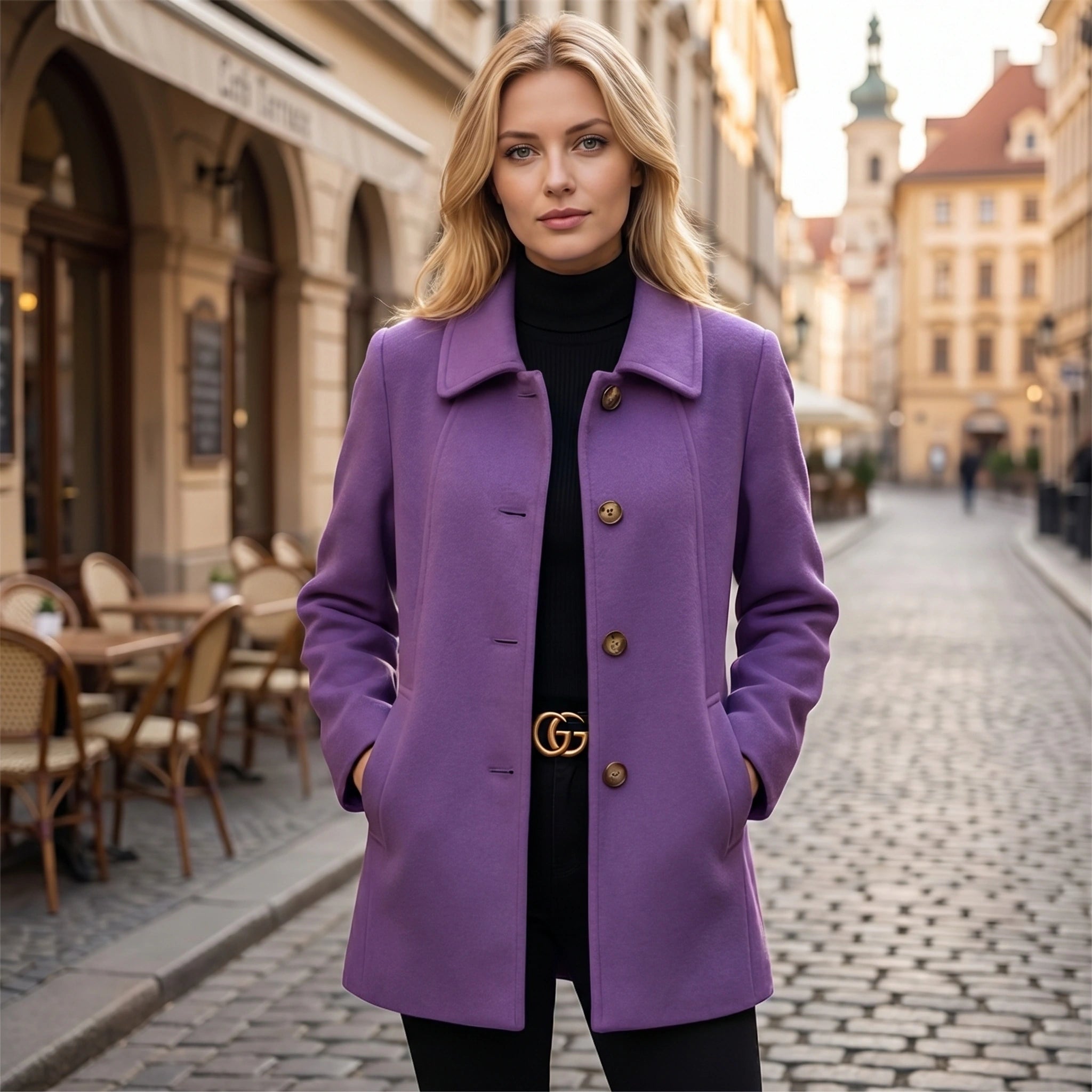 Close up of the Womens Slim Autumn Jacket showing the luxurious fabric texture and precise stitching, showing its sophisticated design and quality craftsmanship.