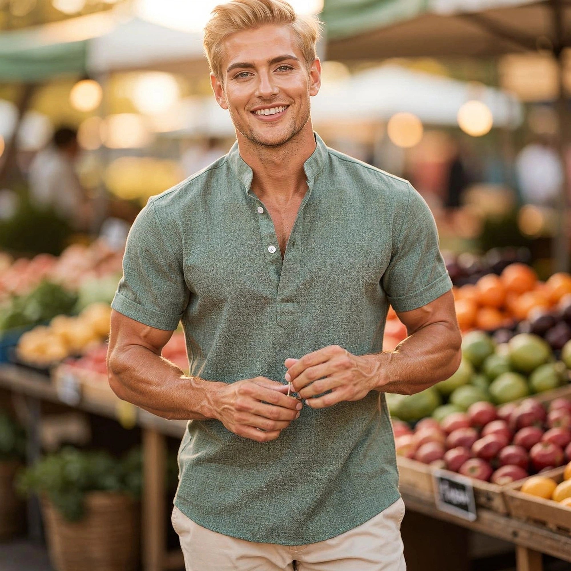View of a light gray casual henley shirt featuring a three button placket and soft cotton fabric