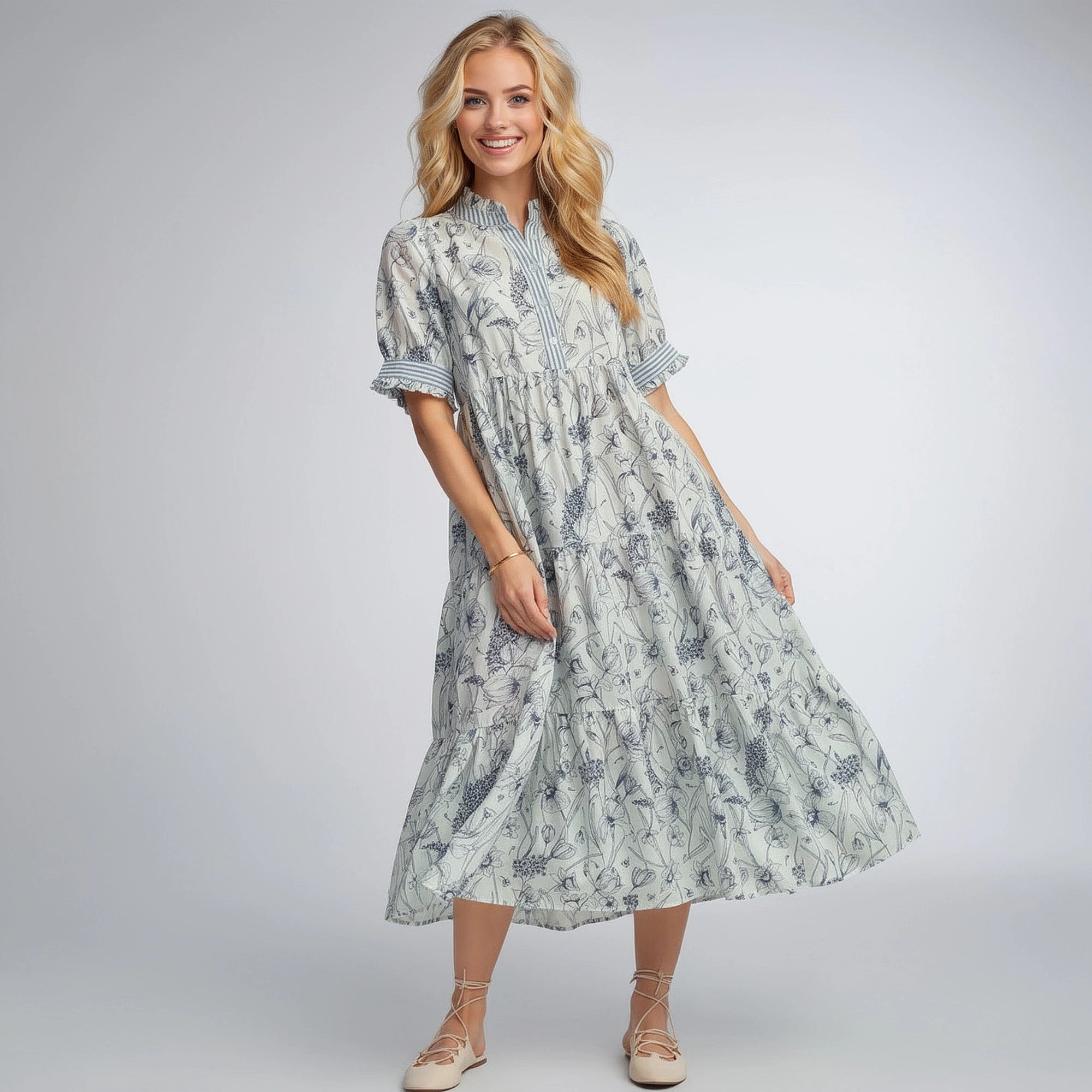 View of a romantic elegant midi dress in soft blush pink, featuring a fitted bodice and flowing skirt