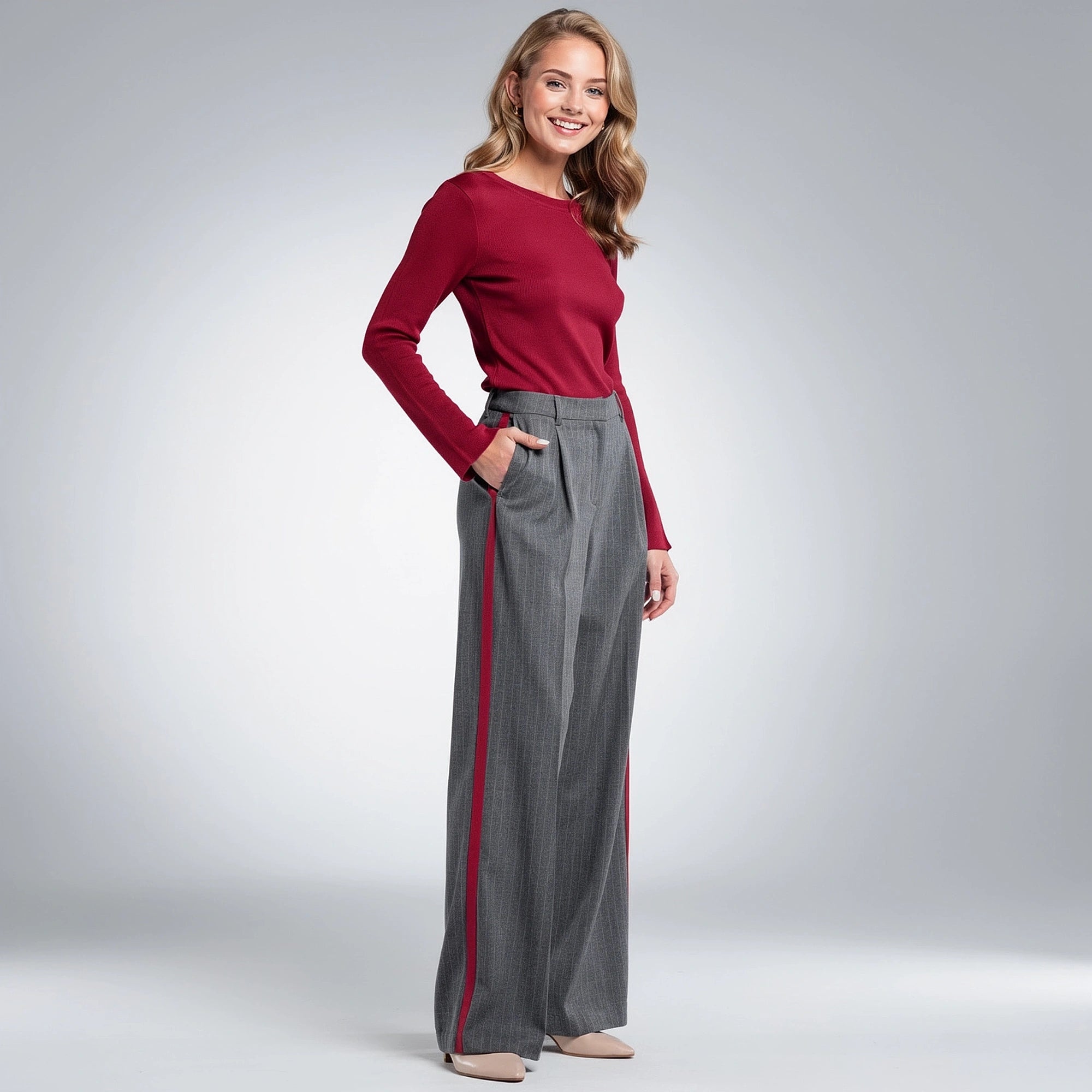 View of high waist trousers in a trendy light beige fabric, featuring a tailored fit and sleek design