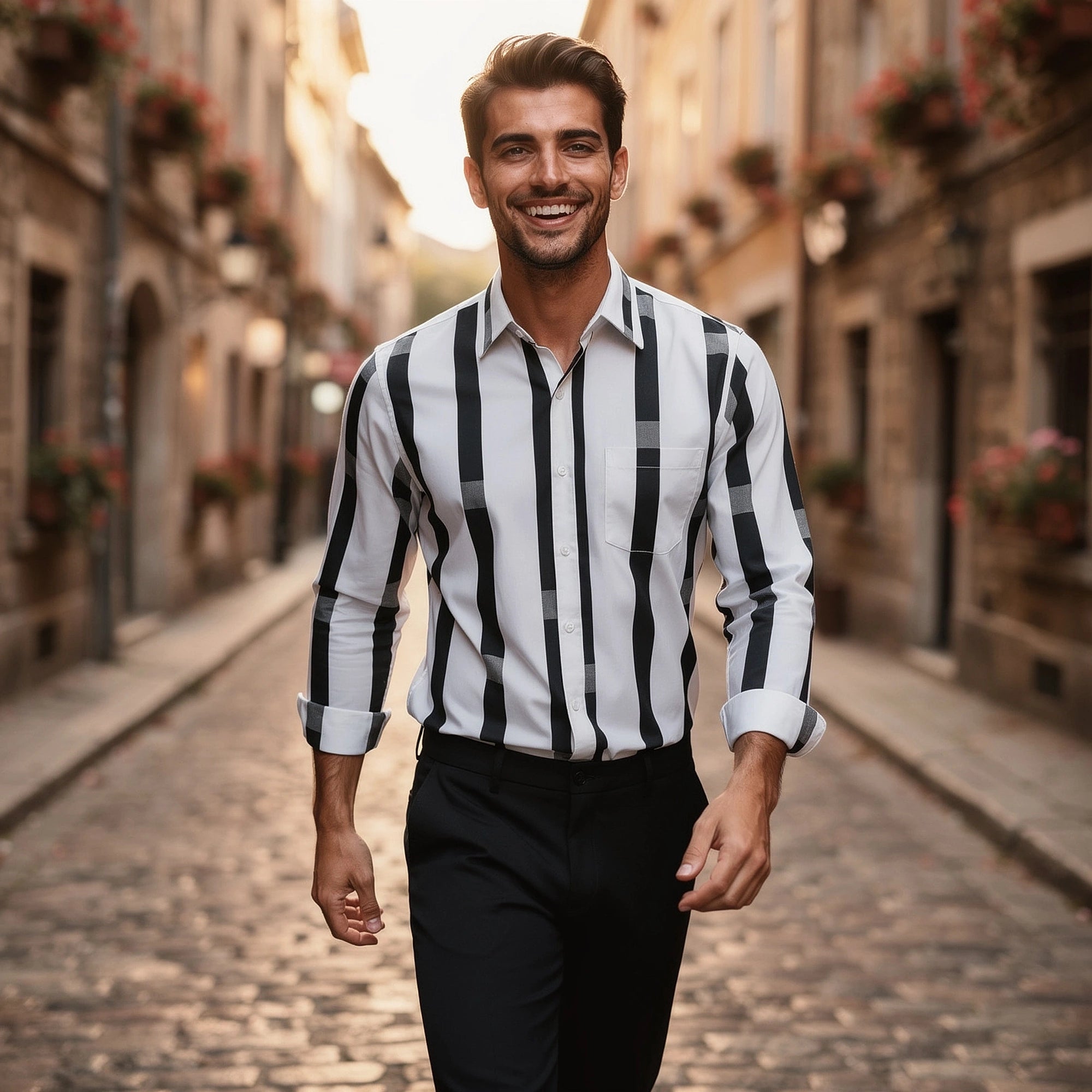 View of a stylish tailored cotton shirt in light blue, featuring a sleek collar and fitted silhouette