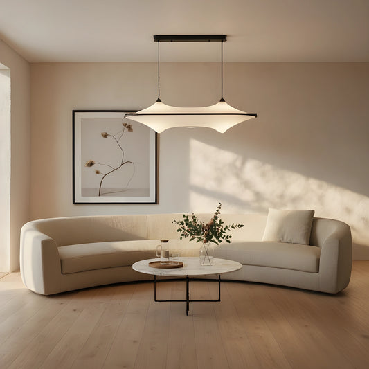 Back view of the Sleek Modern Iron Pendant Light Fixture showing its minimalist design, showing the fluid silhouette and construction details against a white background.