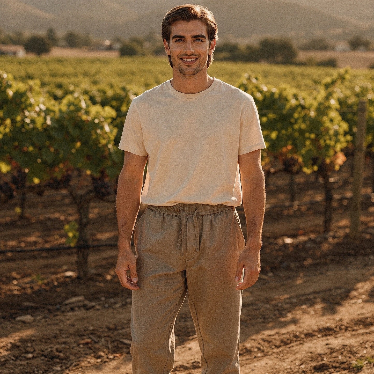 Lightweight summer trousers in light beige, featuring a relaxed fit, pockets, and a comfortable waistband, view