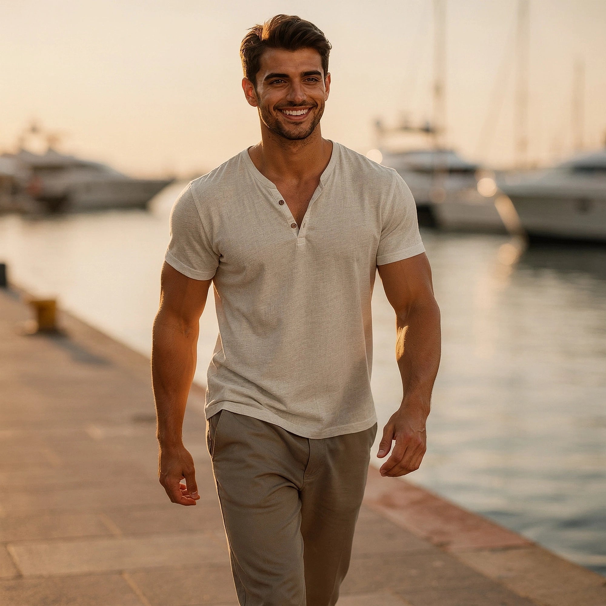 View of a light gray short sleeve V neck t shirt made from soft cotton fabric, showcasing the neckline and stitching