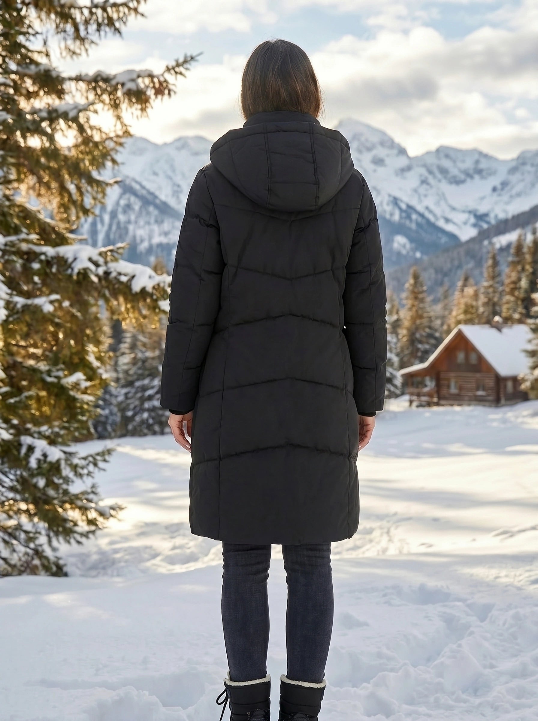Close up view of the women's flattering quilted winter puffer jacket showing the intricate stitching and luxurious fabric texture in a rich navy color.