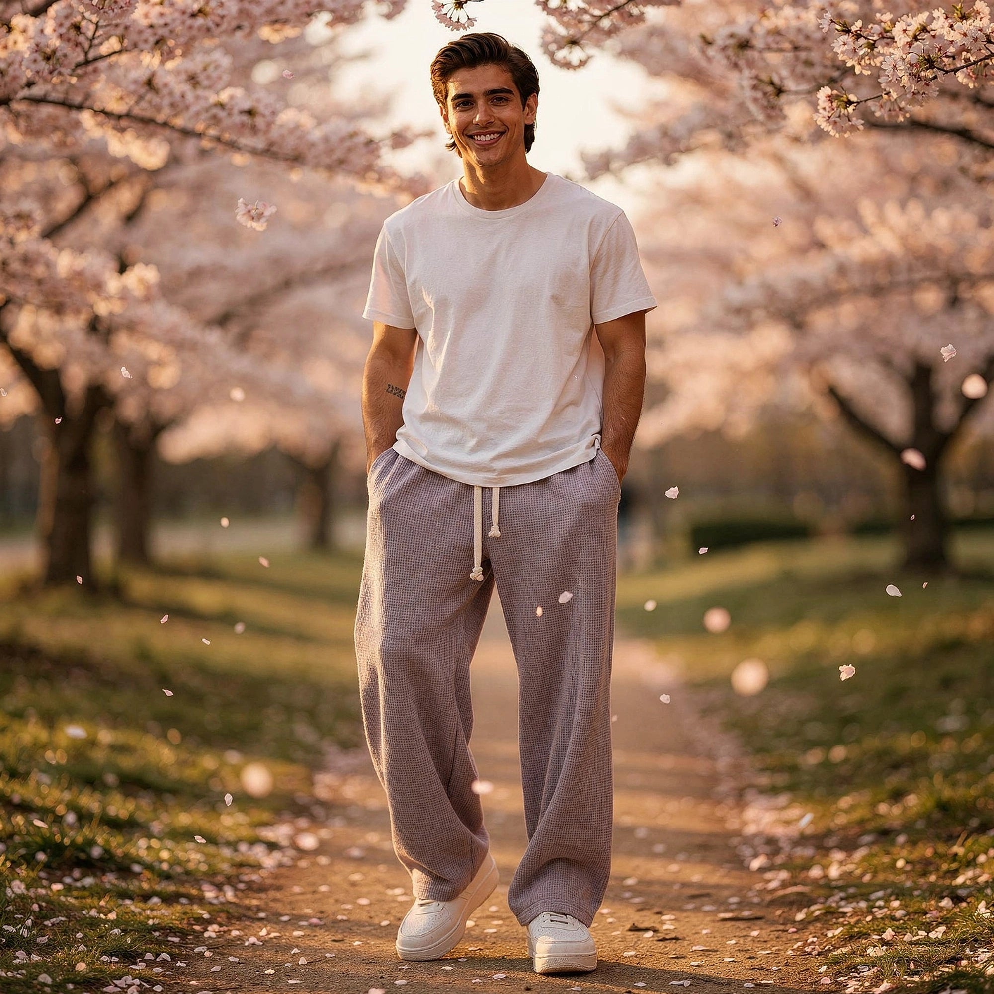 View of relaxed fit drawstring pants in soft cotton fabric, featuring an elastic waistband and pockets