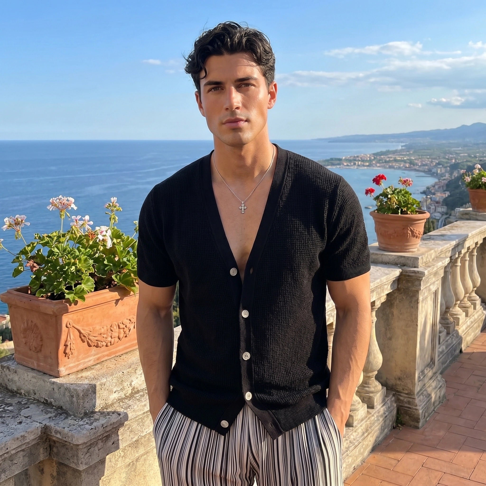 A model showcases a mens lightweight breathable summer cardigan in a soft beige color, styled with high waisted trousers against a neutral background.