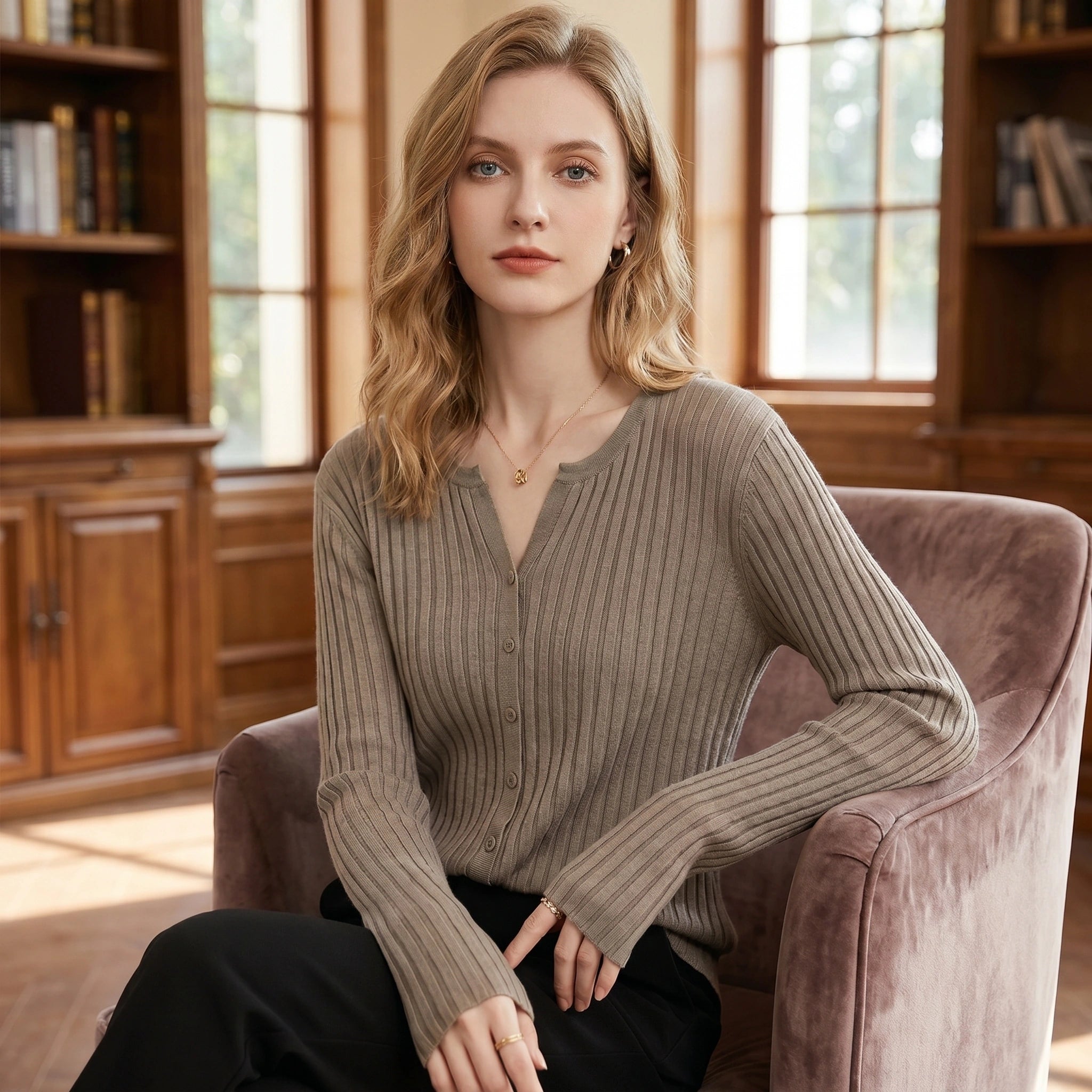 Close up view of the Womens Knitted Sweater showing its intricate stitching and soft fabric texture, perfect for layering.