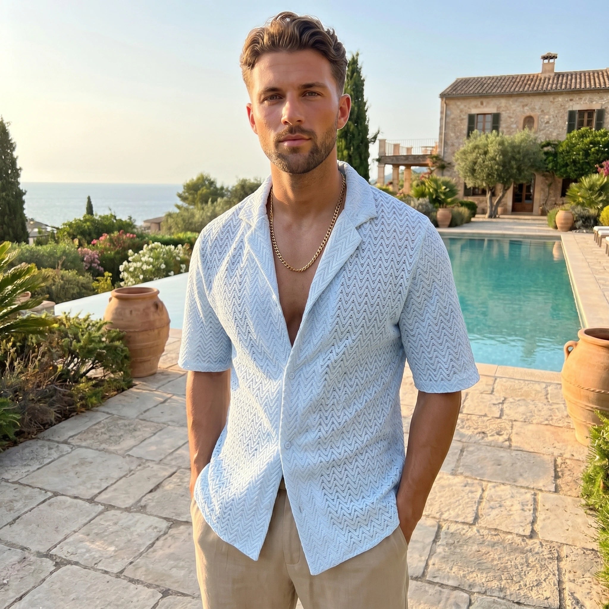 Close up view of the Mens Sleek Sophisticated Summer Shirt showing its premium fabric and meticulous stitching, perfect for enhancing summer casual and vacation styles.