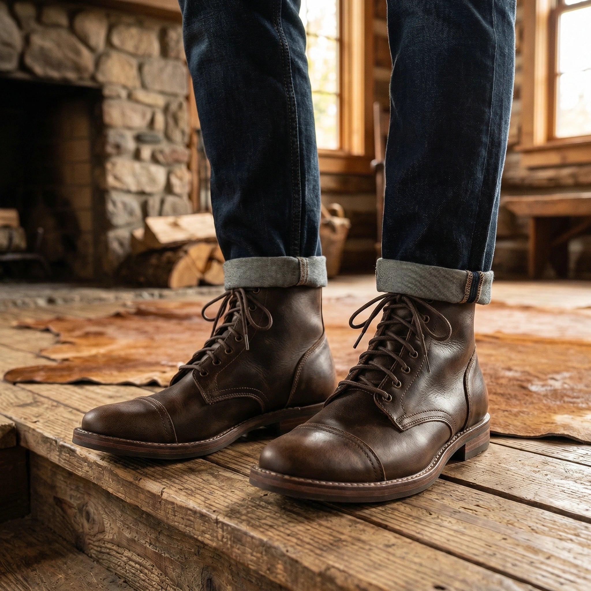Back view of men's rugged orthopedic lace up boots showing durable construction details, showing a sleek design in a rich brown color against a neutral background.