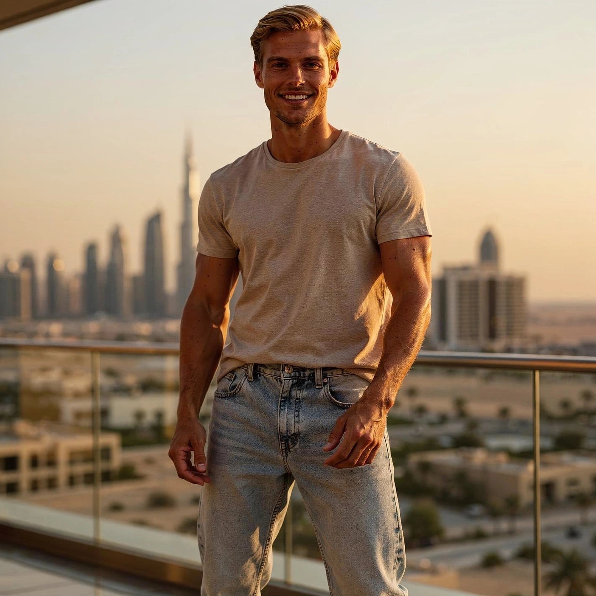 View of relaxed wide leg denim pants in light blue, featuring a soft cotton material and subtle fading